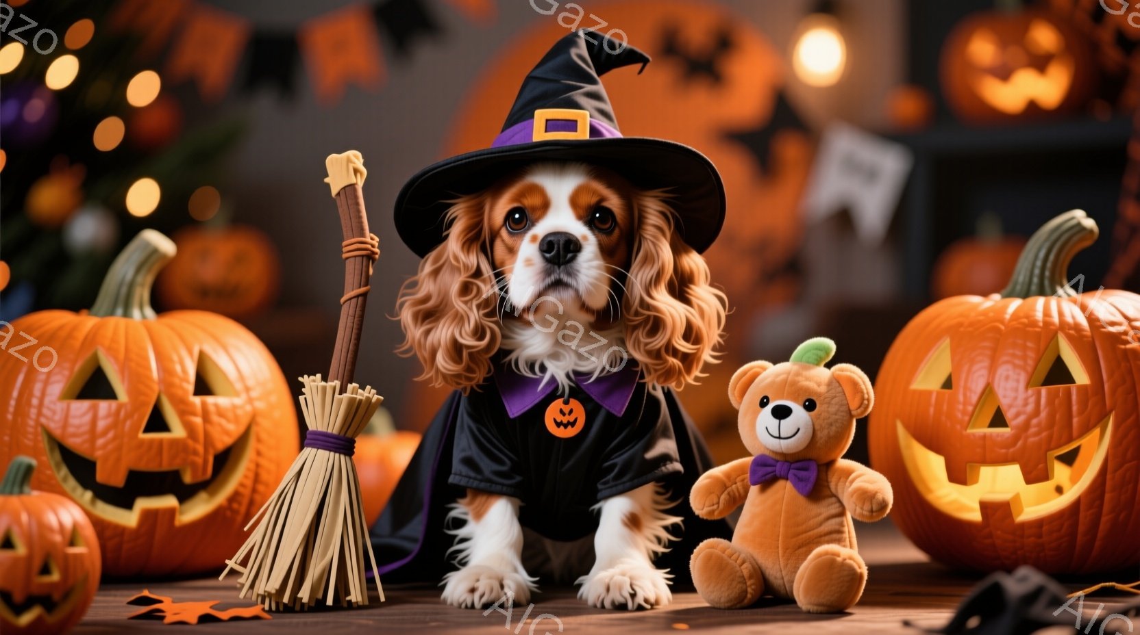 オレンジ色の毛並みの犬が、ハロウィーン用の黒い魔女の帽子と、オレンジ色のカボチャが描かれた紫色のリボン付きのケープを着ています。前足は揃えて座っており、少し上目遣いでカメラを見ています。背景には、様々な大きさのジャック・オー・ランタンと、小さなテディベア、そしてぼやけた光の装飾があり、ハロウィーンの温かくお祝いムードを醸し出しています。