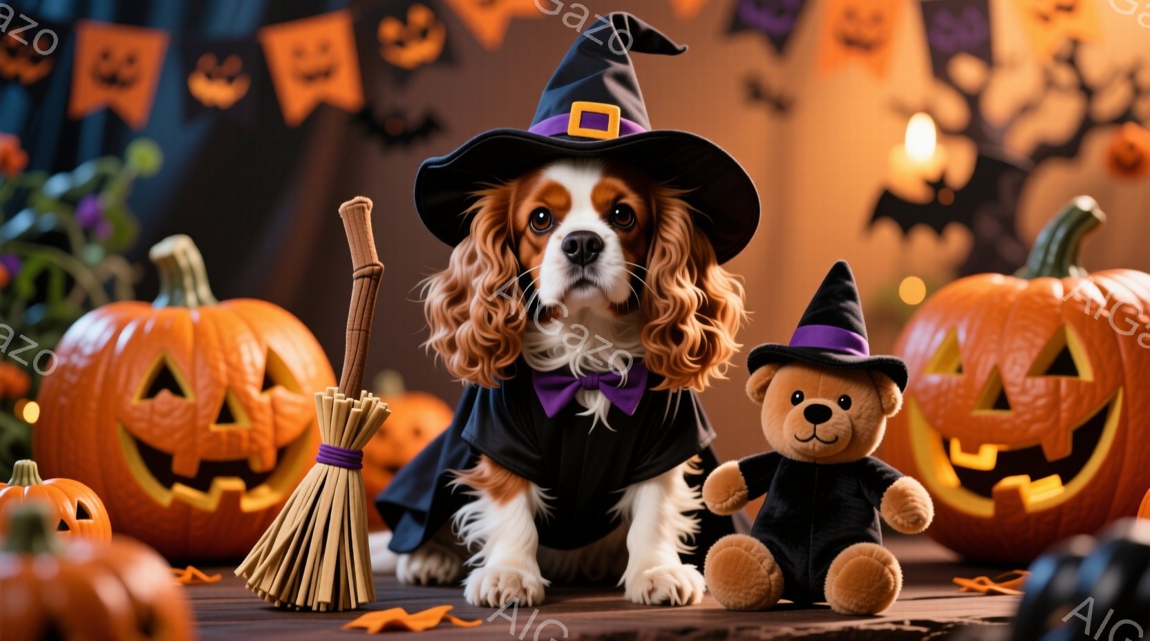 オレンジと白の毛並みを持つキャバリア・キング・チャールズ・スパニエルが、ハロウィーンの魔女の衣装を着て、ほうきとテディベアに囲まれて座っています。犬は紫色のリボンが首輪につけられ、頭には黒い魔女の帽子をかぶっています。背景には、ジャック・オー・ランタンが並び、ハロウィーンの飾り付けがされており、全体的に温かく、お祝いの雰囲気を醸し出しています。