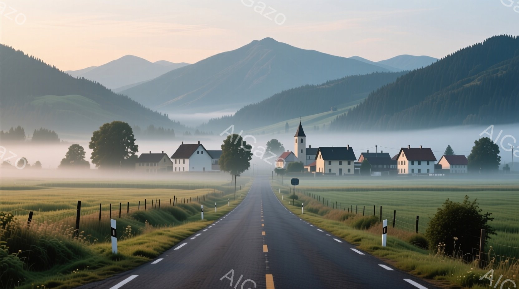 舗装された道路が、朝霧に包まれた緑豊かな丘陵地帯の村へとまっすぐ続いている。白壁と赤い屋根の家々が点在し、その背後には教会の尖塔が見え、穏やかな田園風景が広がっている。朝日の光が柔らかくあたりを照らし - AI生成フリー素材