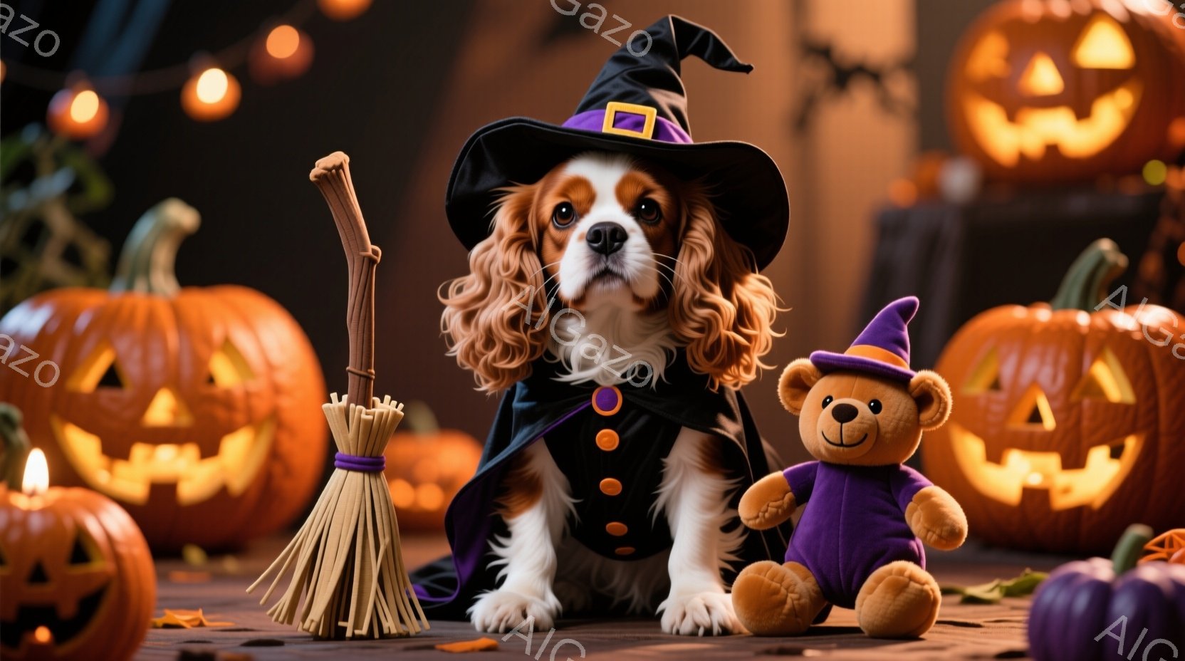 オレンジと白の毛並みを持つキャバリア犬が、ハロウィーンの魔女の衣装を着て座っています。犬は黒いローブと紫のリボン、そして先のとがった帽子を身につけ、穏やかで可愛らしい表情をしています。背景には、様々な - AI生成フリー素材