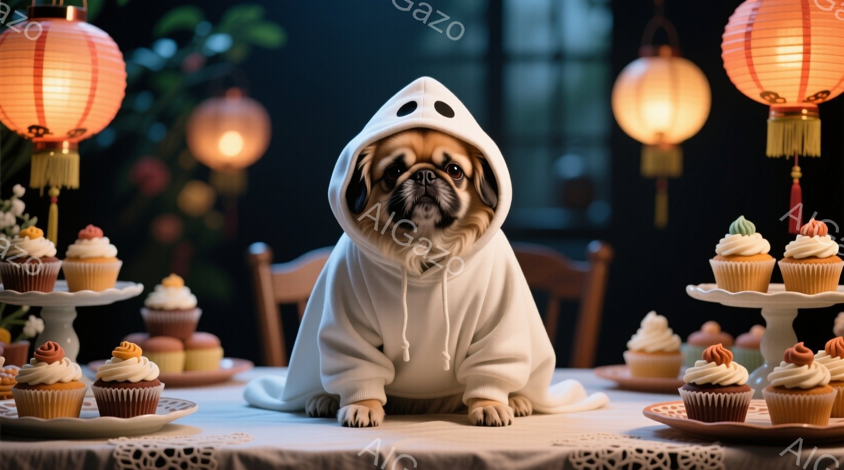 白い背景に、可愛らしいパグが幽霊のような白いパーカーを着て座っています。その表情は少し困惑しているようで、大きな瞳が印象的です。周囲にはカラフルなカップケーキが並べられ、赤い提灯がぼんやりと光る、お祝 - AI生成フリー素材
