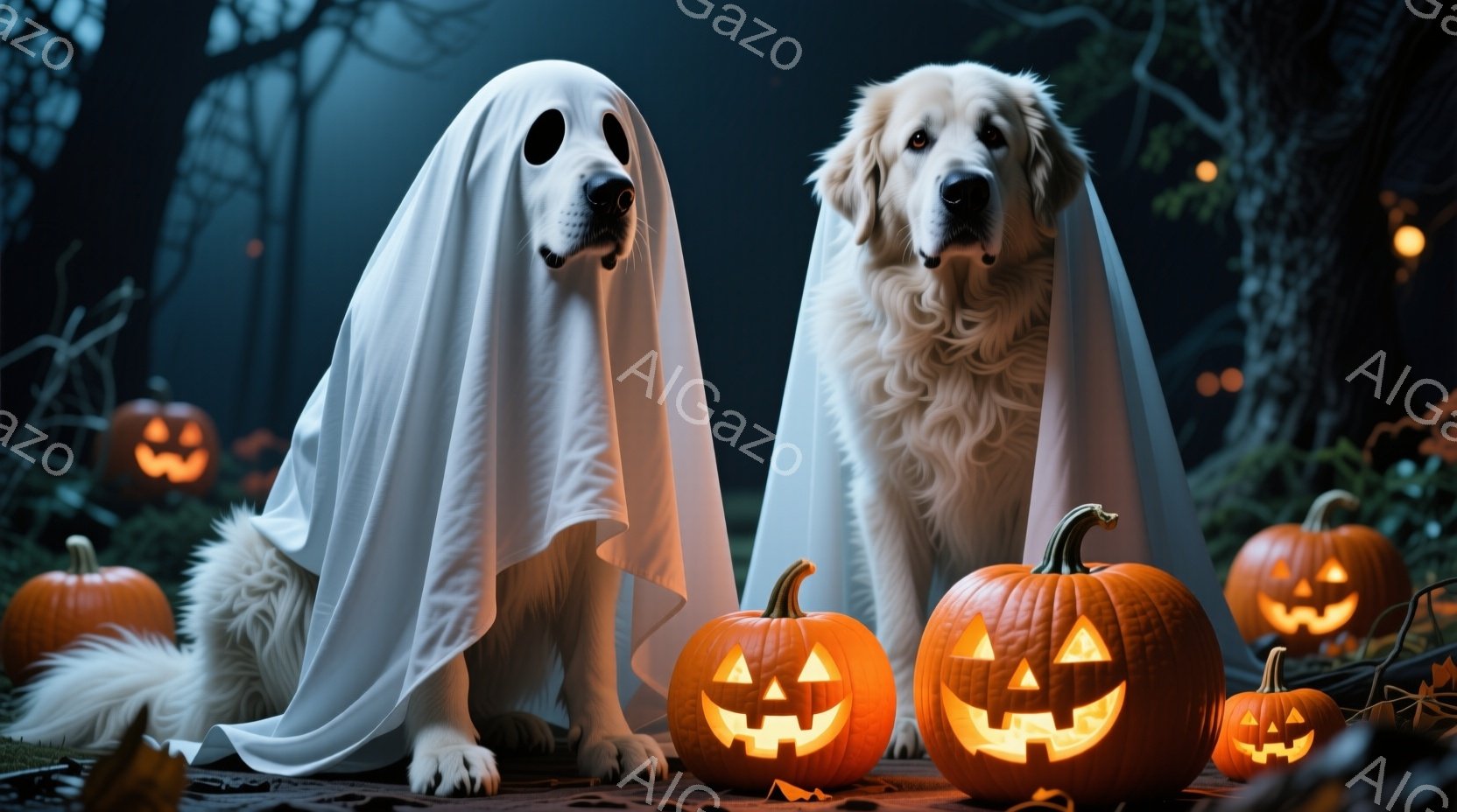 ハロウィーンの飾り付けがされた暗い背景を背景に、白い布をまとった2匹のゴールデンレトリバーが座っています。彼らの前には、不気味な笑顔で照らされたジャック・オー・ランタンが並んでおり、秋の落ち葉が散らば - AI生成フリー素材