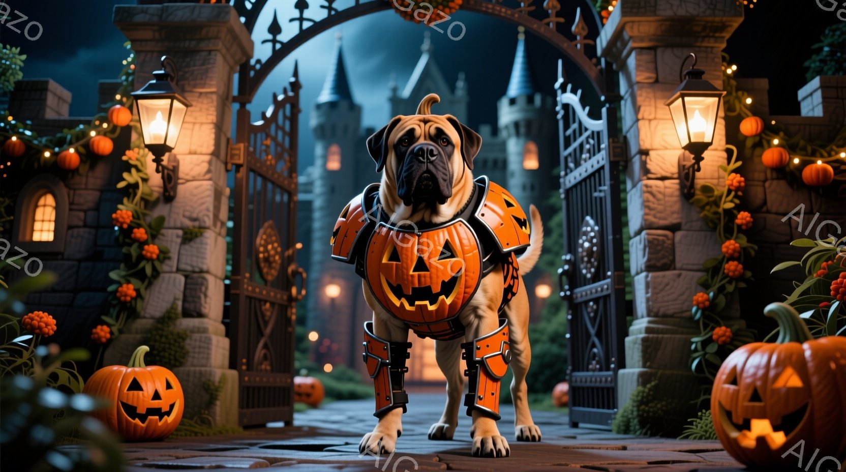 堂々としたブルドッグが、ハロウィーンのカボチャの衣装と鎧を着て正面を向いています。背景には、オレンジ色の光で飾られた石造りの門と、遠くに見えるお城が広がっています。全体的に、ハロウィーンの夜の神秘的で活気のある雰囲気が漂っています。
