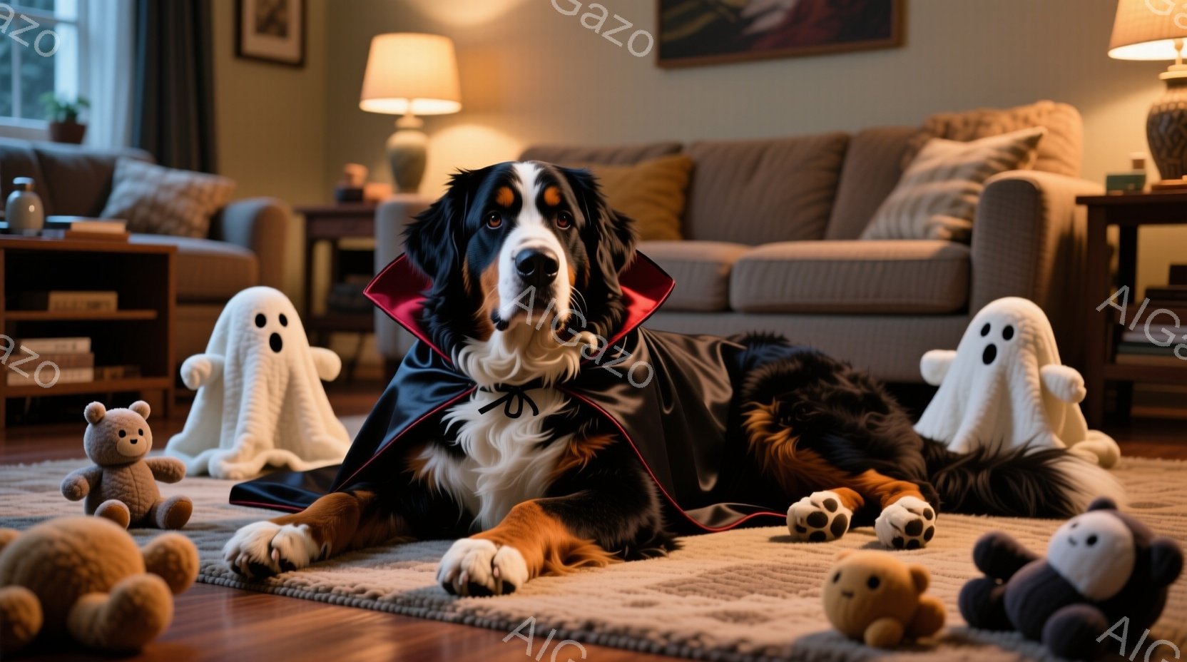 大きなバーニーズ・マウンテン・ドッグがハロウィーン用の黒いマントを身に着け、床に横たわっています。周りには可愛らしいテディベアと幽霊のぬいぐるみが置かれ、暖炉のあるリビングルームが背景に広がっています。 全体的に、温かく、遊び心のあるハロウィーンの雰囲気が漂います。