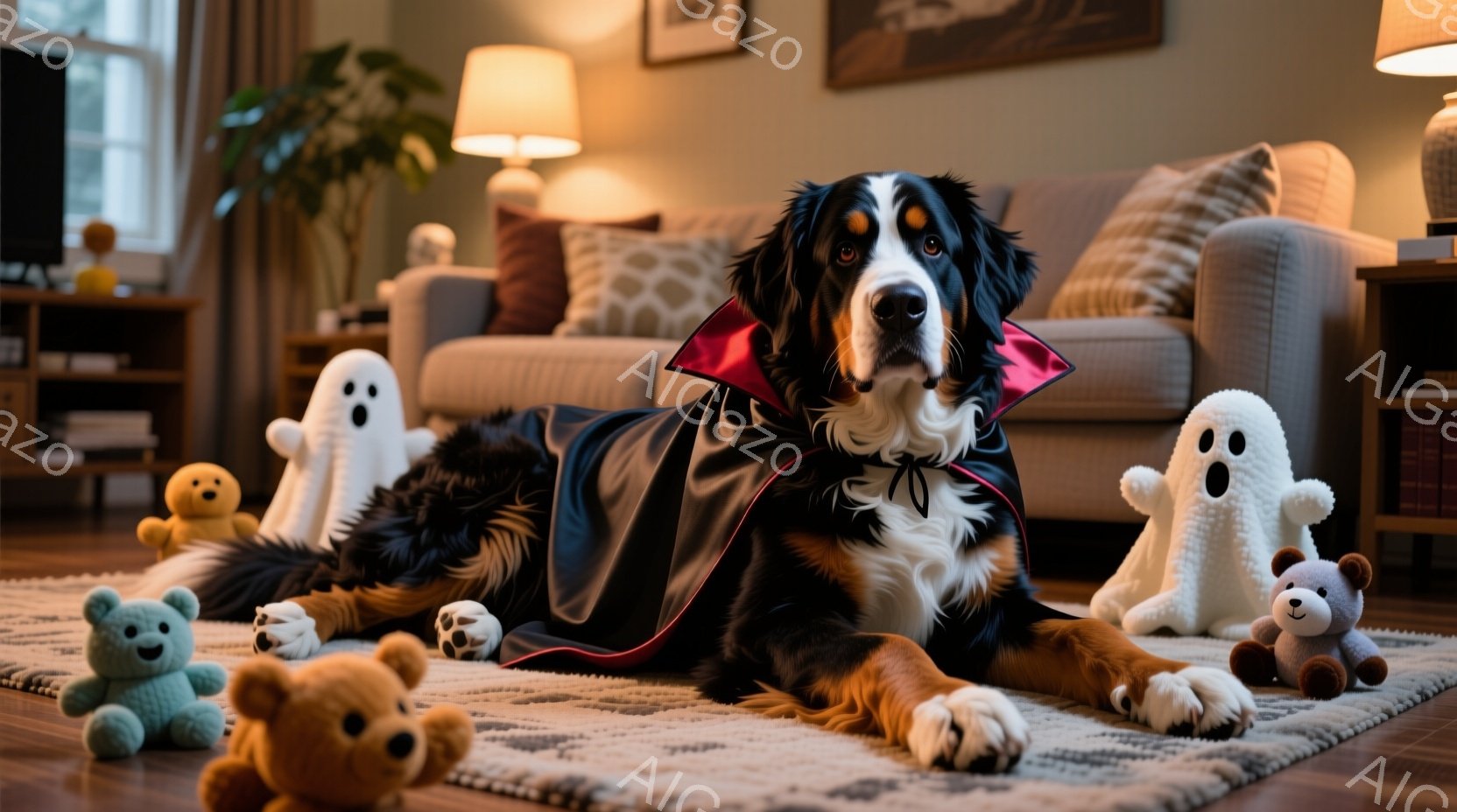 大きなバーニーズ・マウンテン・ドッグが、ハロウィーンらしい黒いマントを羽織って床に横たわっています。周囲には、ふわふわのテディベアのぬいぐるみや、白いお化けのぬいぐるみが置かれ、愛らしいハロウィーンの雰囲気を醸し出しています。背景には、ソファーや間接照明が見え、リビングルームの温かく居心地の良い空間が広がっています。