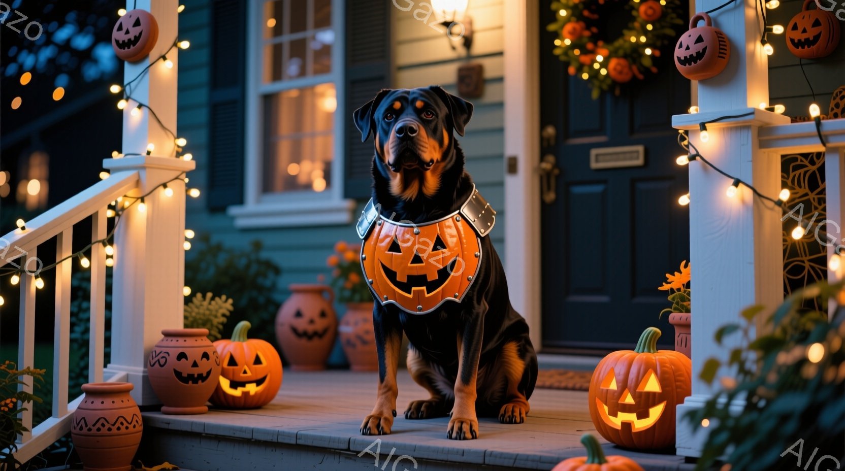 黒い犬がハロウィーンの衣装、つまりカボチャの形をしたベストを着て、家のポーチの階段に座っています。周囲には様々な大きさの照らされたジャック・オー・ランタンが置かれ、ポーチの柱にはオレンジ色のハロウィーンの飾りと電飾が施されています。ポーチと背景の家は、秋の夜の温かくお祝いムードを醸し出しています。