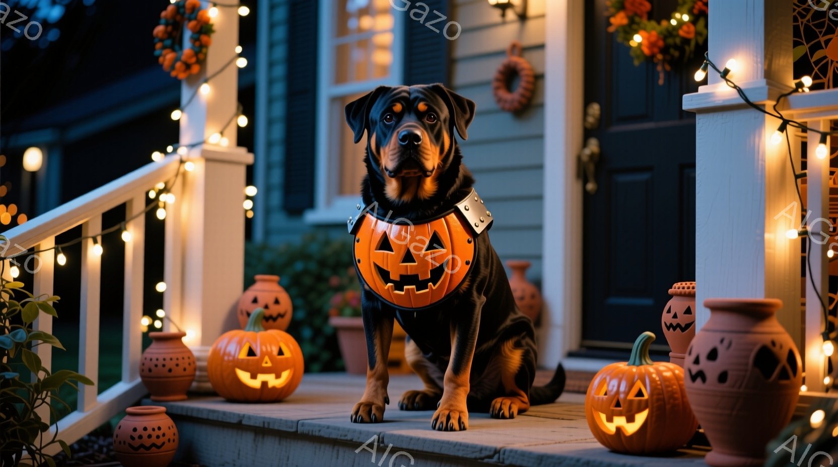 黒い毛並みの大型犬が、カボチャの形をした装飾を首に巻いて正面を見つめて座っています。背景には、ハロウィーンの装飾が施された玄関ポーチがあり、カボチャのランタンが置かれています。暖色の照明が灯り、秋の夜の穏やかで幻想的な雰囲気を醸し出しています。