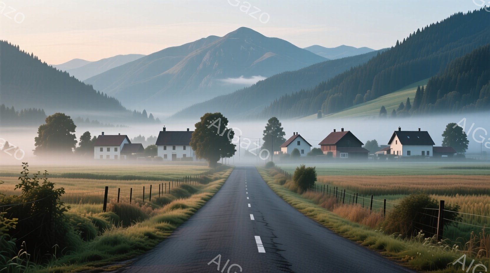 舗装された道が、霧のかかった田園風景の中をまっすぐに伸びている。道の両脇には草が生い茂り、遠景には山々と可愛らしい家々が並び、朝もやの中にぼんやりと姿を現している。全体的に穏やかで静謐な雰囲気が漂い、 - AI生成フリー素材