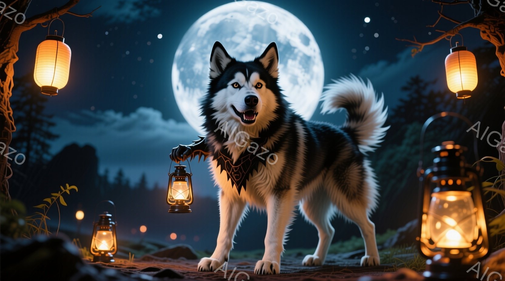 シベリアンハスキーが、片手に提灯を持って森の中に立っている。満月が背景に輝き、周囲にはぼんやりとした光の玉が散らばり、夜の森の神秘的な雰囲気を醸し出している。ハスキーは自信に満ちた表情で、提灯の光を頼 - AI生成フリー素材