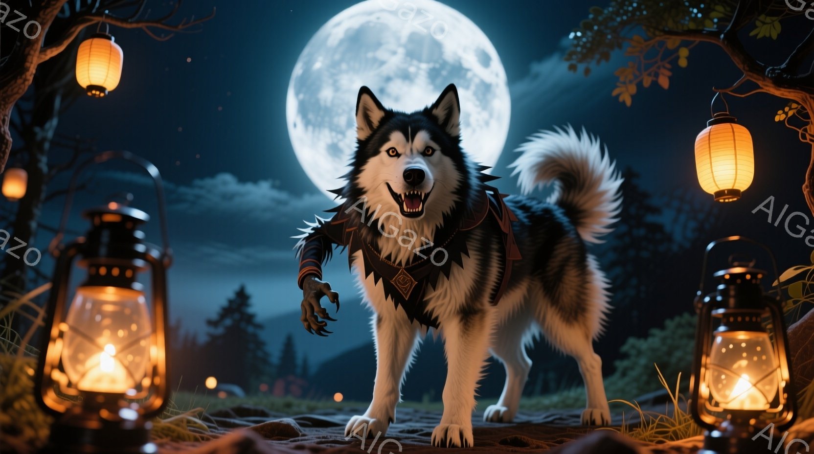 シベリアンハスキーが、黒と赤の鎧のような服を着て立っている。月明かりの下、口を開けて鋭い牙を見せ、威圧的な表情をしている。背景には暗い森が広がり、ランタンが灯され、神秘的で少し不気味な雰囲気を醸し出している。