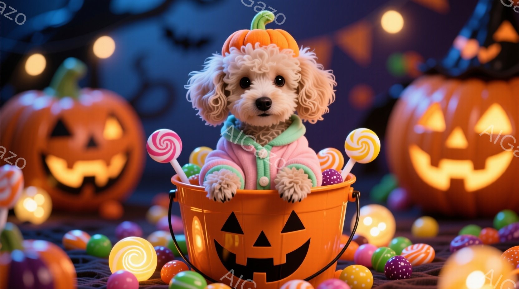 白い巻き毛の犬が、カボチャの形をしたバケツの中に座っており、ピンク色の可愛らしい服を着ています。周りにはカラフルなキャンディーが散らばり、背景には明るいオレンジ色のジャック・オー・ランタンが並んでいま - AI生成フリー素材