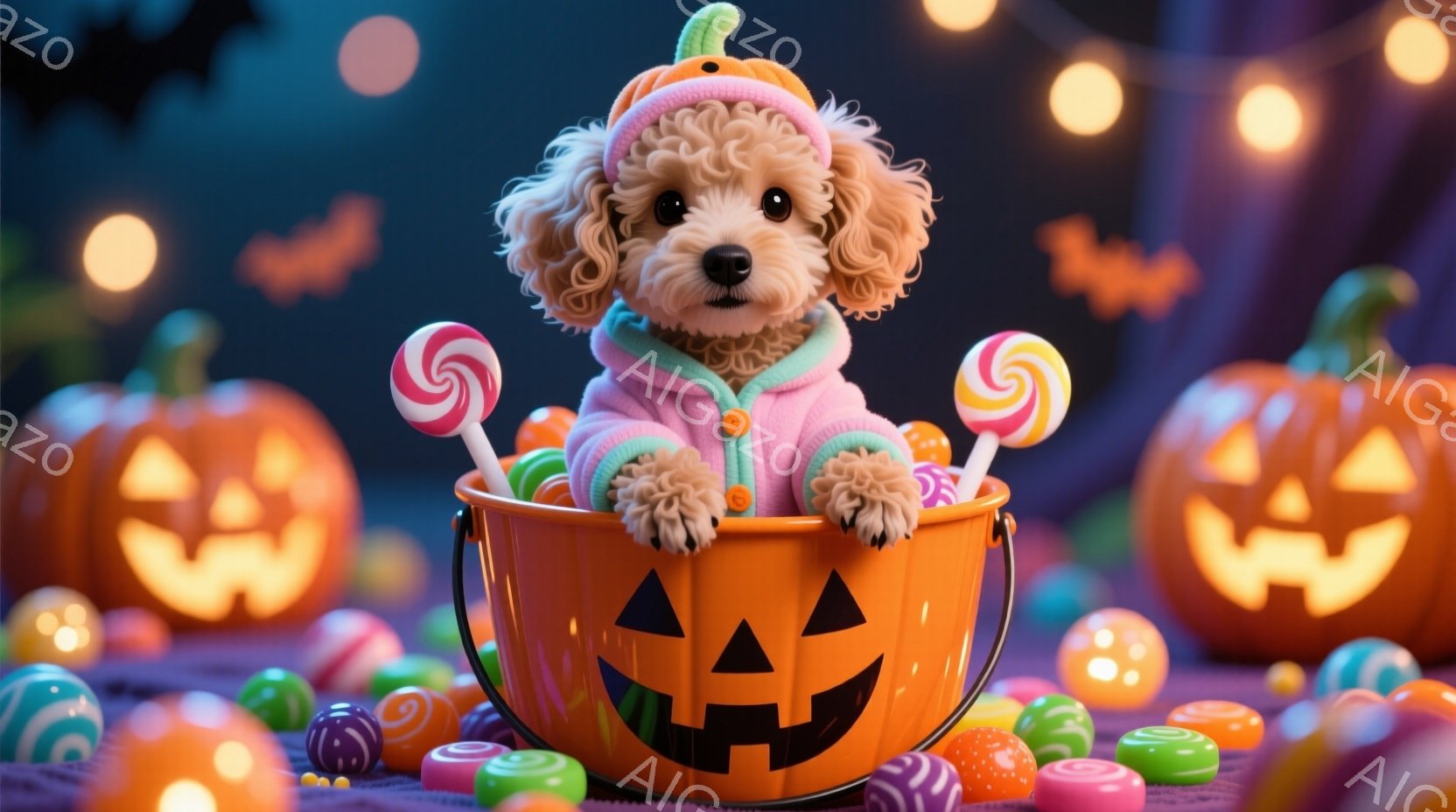ふわふわのクリーム色の毛並みを持つ子犬が、ハロウィーンのランタンの形をしたバケツの中に座っています。ピンク色の可愛いセーターを着ており、頭にはカボチャの帽子をかぶっています。背景には、明るく照らされた - AI生成フリー素材