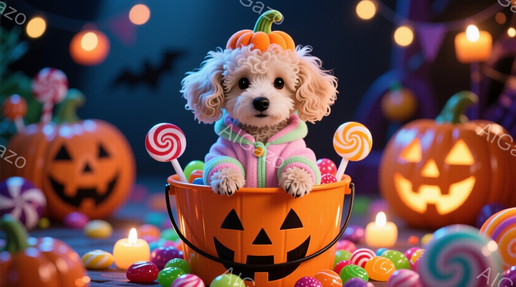 白い巻き毛の犬が、ハロウィーンのオレンジ色のカボチャのバケツの中に座っており、ピンク色のセーターを着ています。バケツの中には、キャンディーやチョコレートが溢れ、犬の頭上には小さなカボチャの帽子が乗って - AI生成フリー素材
