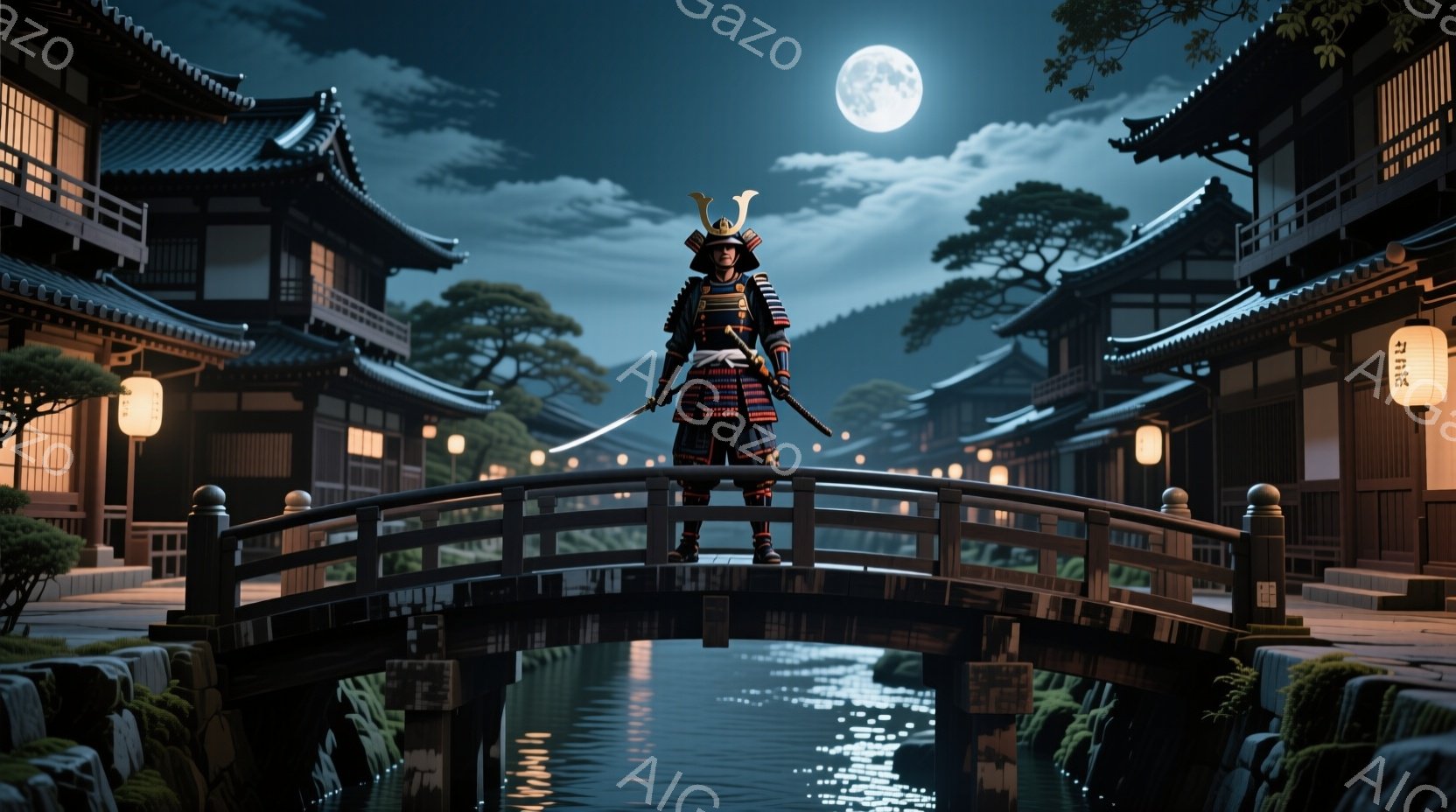 鎧兜を身につけた武士が、夜の川にかかる橋の上に立っている。背景には日本の伝統的な建物が並び、薄暗い光が灯っている。月明かりが水面に反射し、静かで厳粛な雰囲気を醸し出している。 - AI生成フリー素材