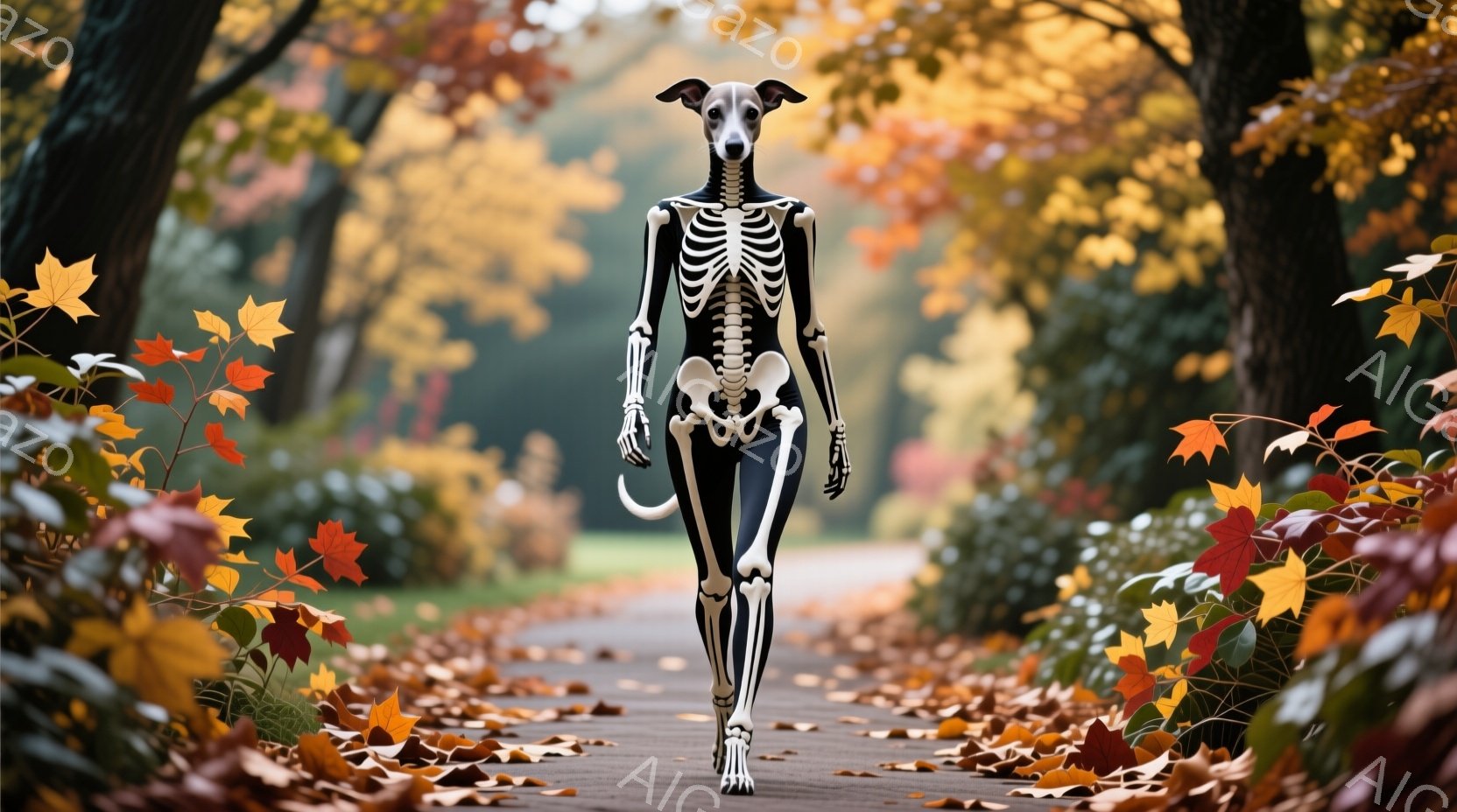 秋の並木道の中央を、骸骨のプリントが施された黒い全身タイツを着用した女性が歩いている。彼女は背筋が伸びており、どこか自信に満ちた表情で、長い脚をゆっくりと前に出している。背景には赤や黄色の落ち葉が散り - AI生成フリー素材