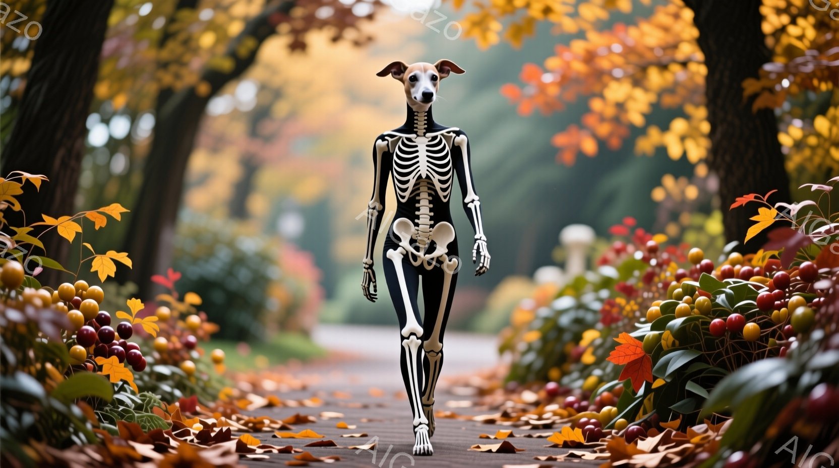 モデルは骸骨柄の全身タイツを着用し、まるでスケルトンが歩いているかのようなユニークな姿をしています。 彼女は前方をまっすぐ見据え、リラックスした姿勢で遊歩道を歩いています。 背景は秋の色彩豊かな自然で、落ち葉と赤い実が道を彩り、温かく少し不気味な雰囲気を醸し出しています。