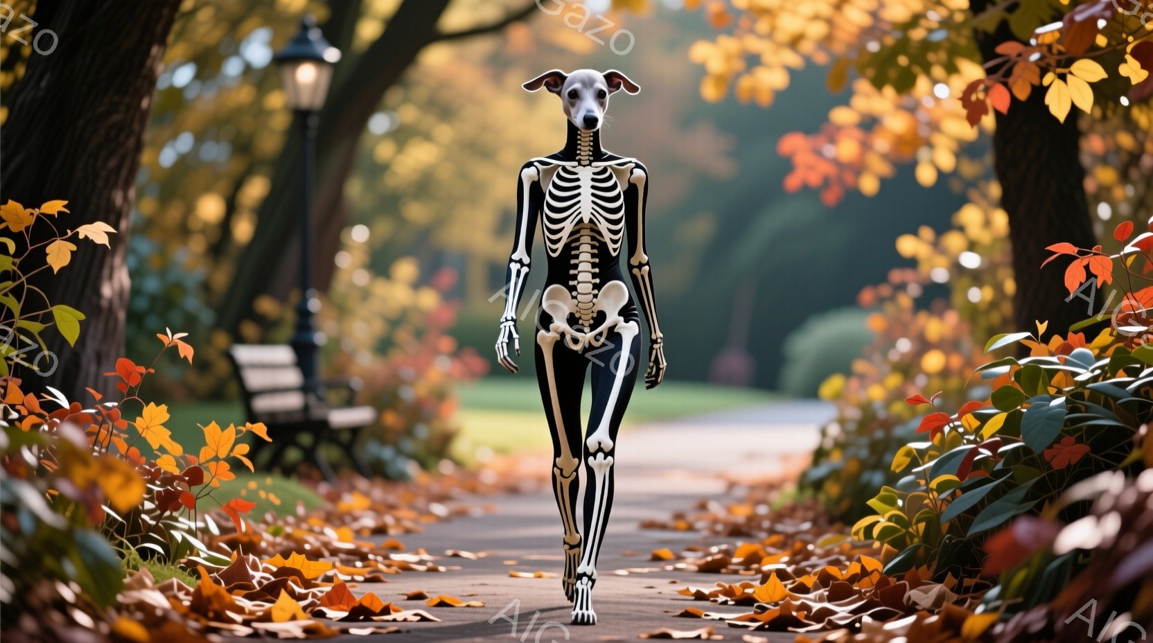 白い背景に、骸骨柄の全身タイツを着た女性が遊歩道をまっすぐ歩いている。背景には鮮やかな紅葉の木々とベンチ、そして遠くにぼやけた建物が見え、秋の穏やかな雰囲気を醸し出している。彼女の姿勢は自信に満ち溢れ、まるでハロウィーンのパレードでも行われているかのような、少し奇妙だが楽しい光景である。