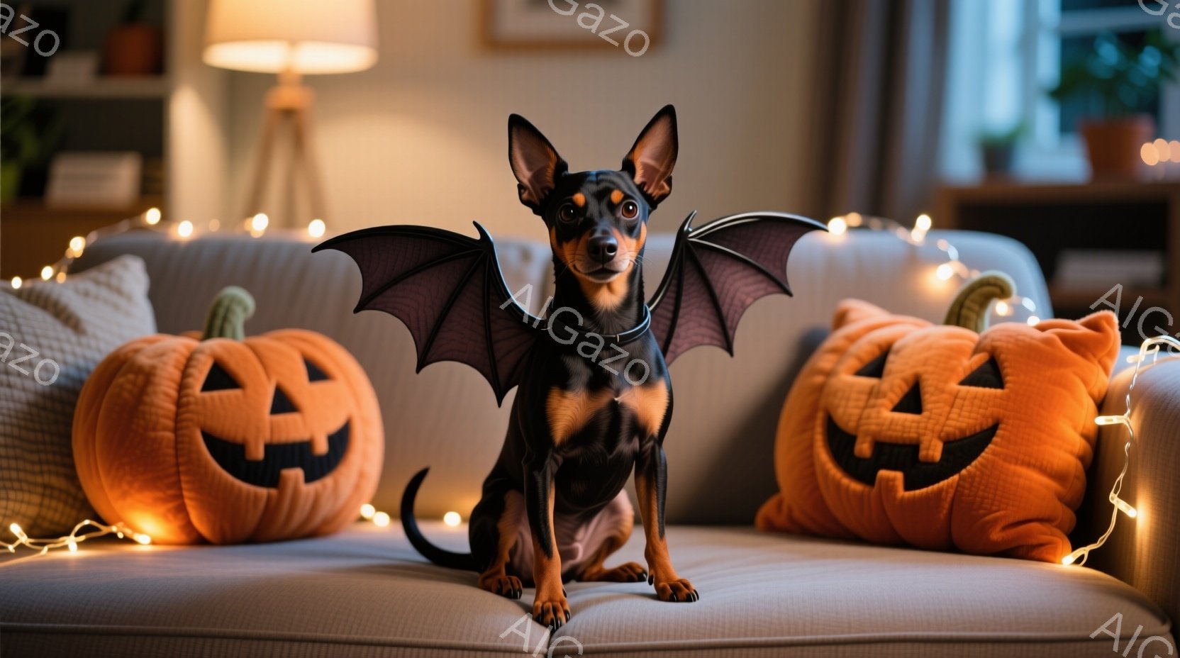 黒と茶色の毛並みの小型犬が、黒い羽根のコスチュームを身につけてソファに座っています。背後にはハロウィーンの装飾であるジャック・オー・ランタンのクッションが2つ置かれ、暖色の照明と光の装飾が温かい雰囲気を醸し出しています。犬は前をまっすぐ見つめ、穏やかな表情を浮かべています。