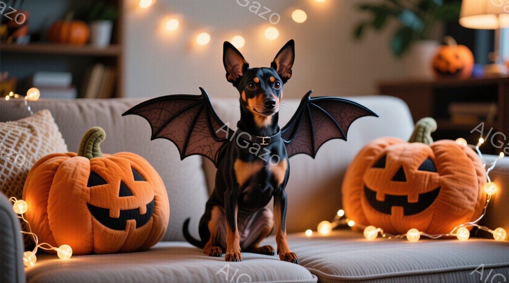 黒と茶色の小さな犬が、ハロウィーンのコスチュームである黒い翼と首輪をつけてソファに座っています。背後には、ジャック・オー・ランタン風の大きなオレンジ色のカボチャが2つ置かれ、周囲には光るハロウィーンラ - AI生成フリー素材