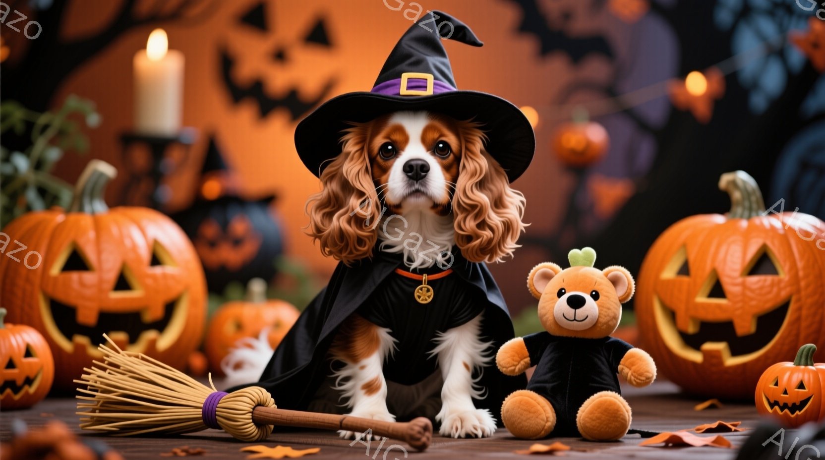 オレンジと白の毛並みを持つ小型犬が、ハロウィーンの魔女の帽子とマントを身につけて座っています。犬は正面をまっすぐ見ており、落ち着いた表情をしています。背景には、ジャック・オー・ランタン、熊のぬいぐるみ、ほうきが置かれ、ハロウィーンの雰囲気を感じさせる暖かい光が灯っています。