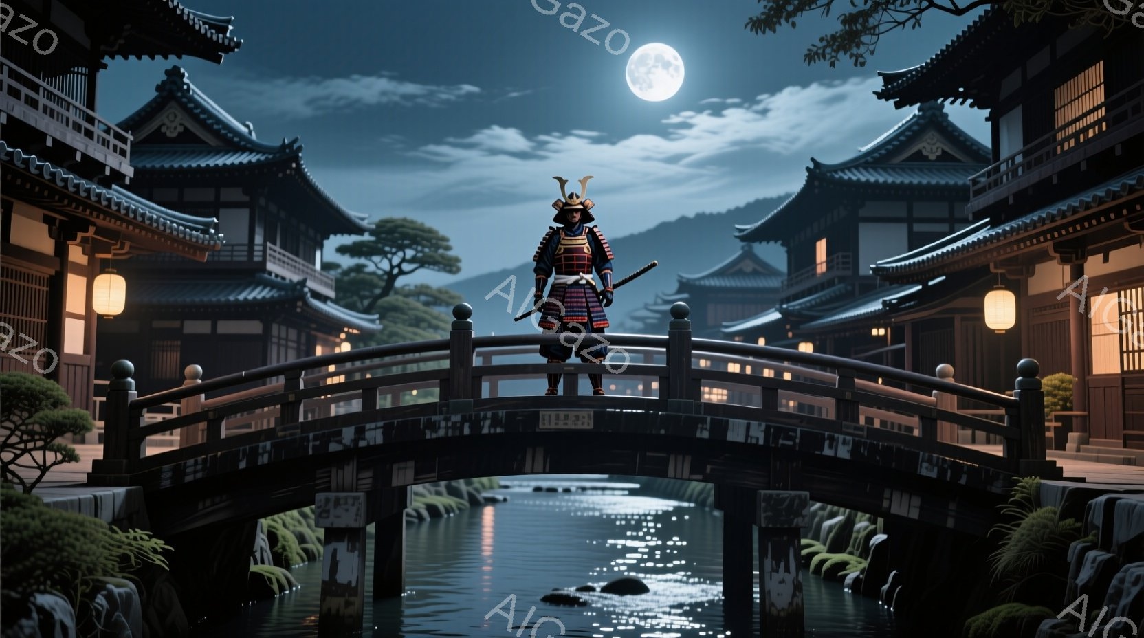 鎧兜を身につけた武士が、夜の橋の上に静かに立っている。背景には伝統的な日本の建物が並び、水路には月明かりが反射して光っている。全体的に厳粛で神秘的な雰囲気が漂い、月夜の古都を思わせる。