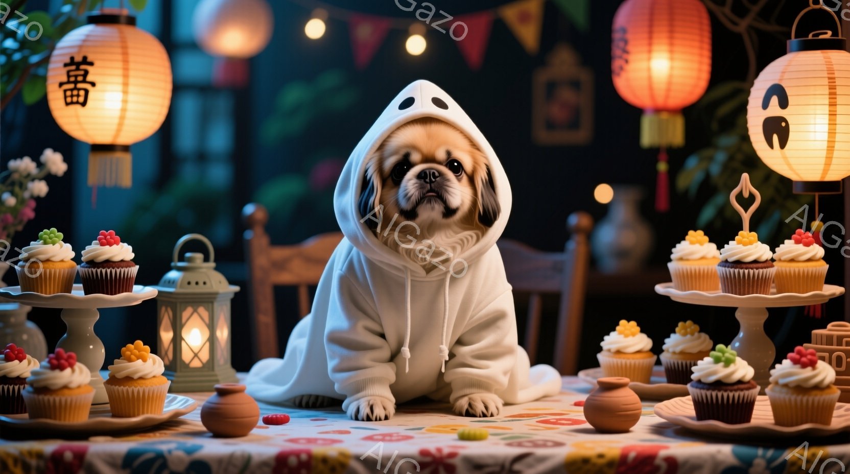 パグが白いパーカーを着て、テーブルに座って正面を見ています。周りにはカラフルなカップケーキが並び、背景には提灯やキャンドルが灯り、お祭りやパーティーのような楽しい雰囲気を醸し出しています。テーブルクロ - AI生成フリー素材