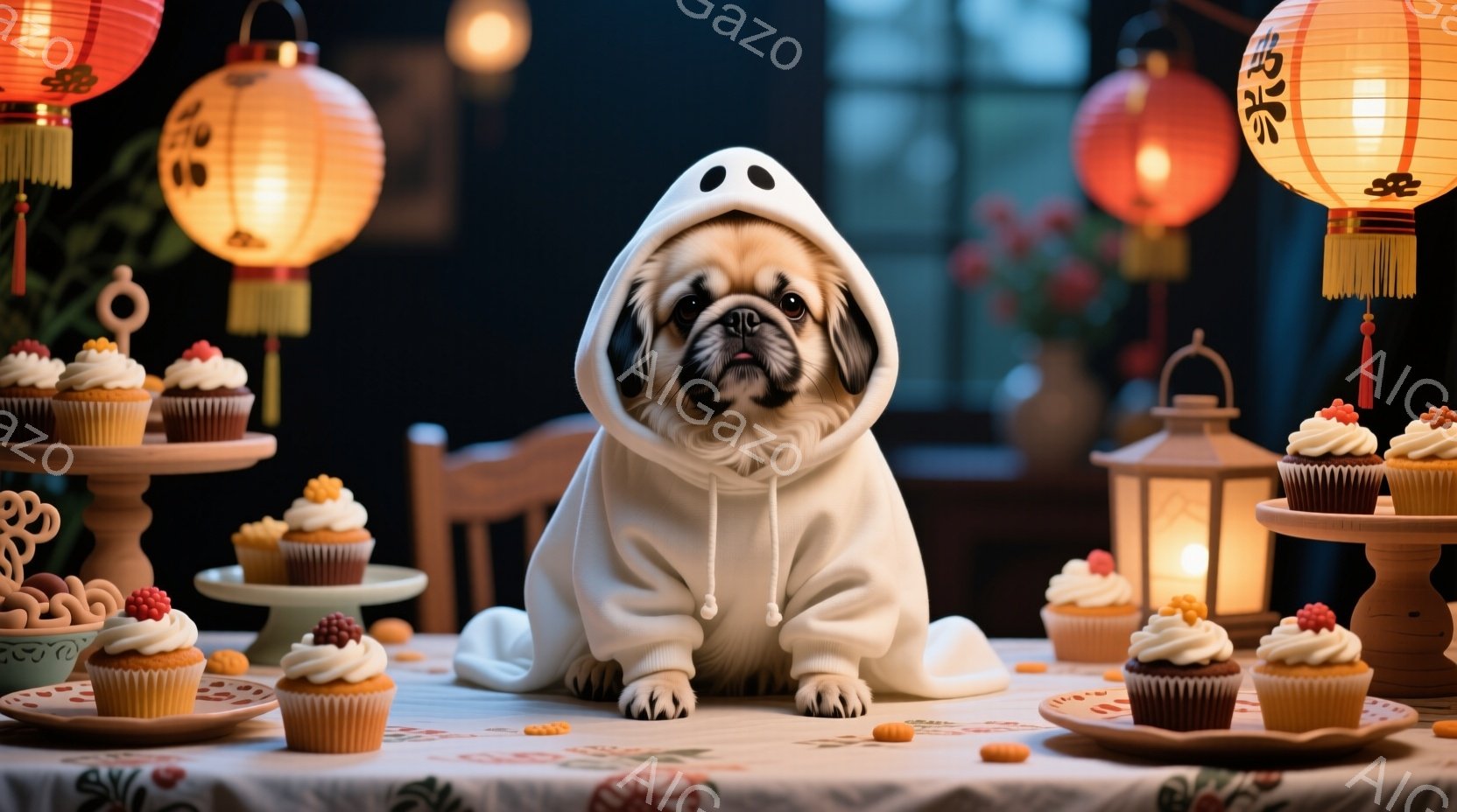 白い背景に、パグが白いパーカーを着て座っています。その表情は穏やかで、どこか物憂げな雰囲気を漂わせています。周囲には、色とりどりのカップケーキや提灯が並び、温かく優しい祝祭の雰囲気を醸し出しています。 - AI生成フリー素材