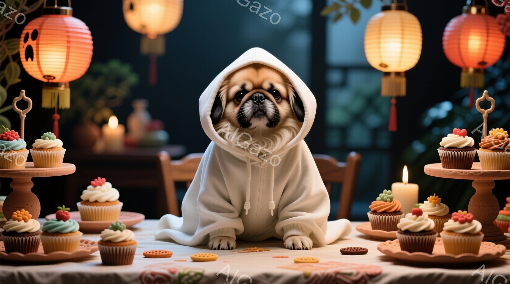 パグが白いパーカーを着て、テーブルの中央に座っています。その表情は少し困惑しているようで、大きなつぶらな瞳が印象的です。背景にはキャンドルやカップケーキが置かれ、赤い提灯がぶら下がっており、お祝いのよ - AI生成フリー素材
