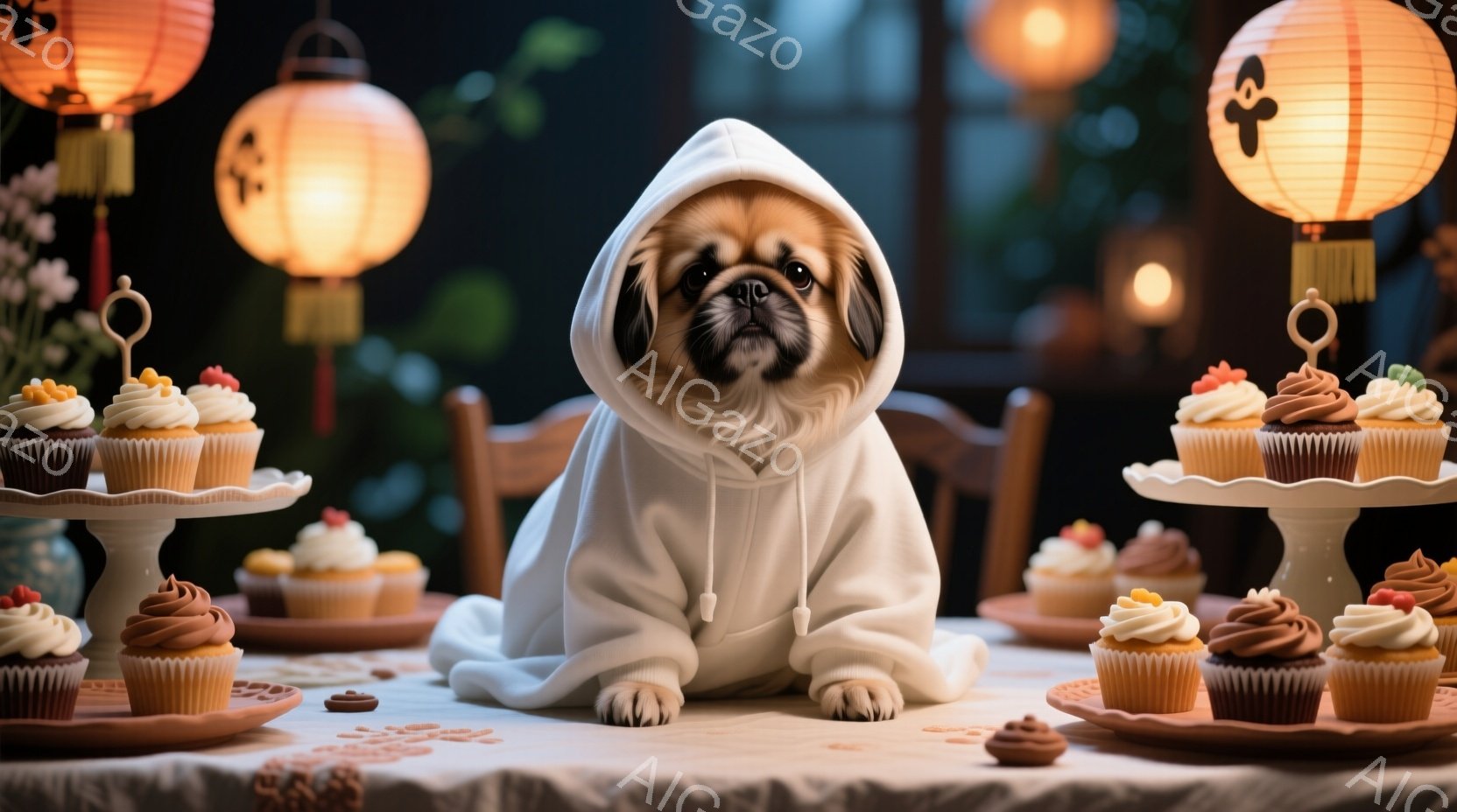 白いフード付きセーターを着たパグが、白いテーブルの上に座って正面を見ています。テーブルの上には、色とりどりのクリームが飾られたカップケーキやチョコレート色の粒々としたものが並べられています。背景には、 - AI生成フリー素材