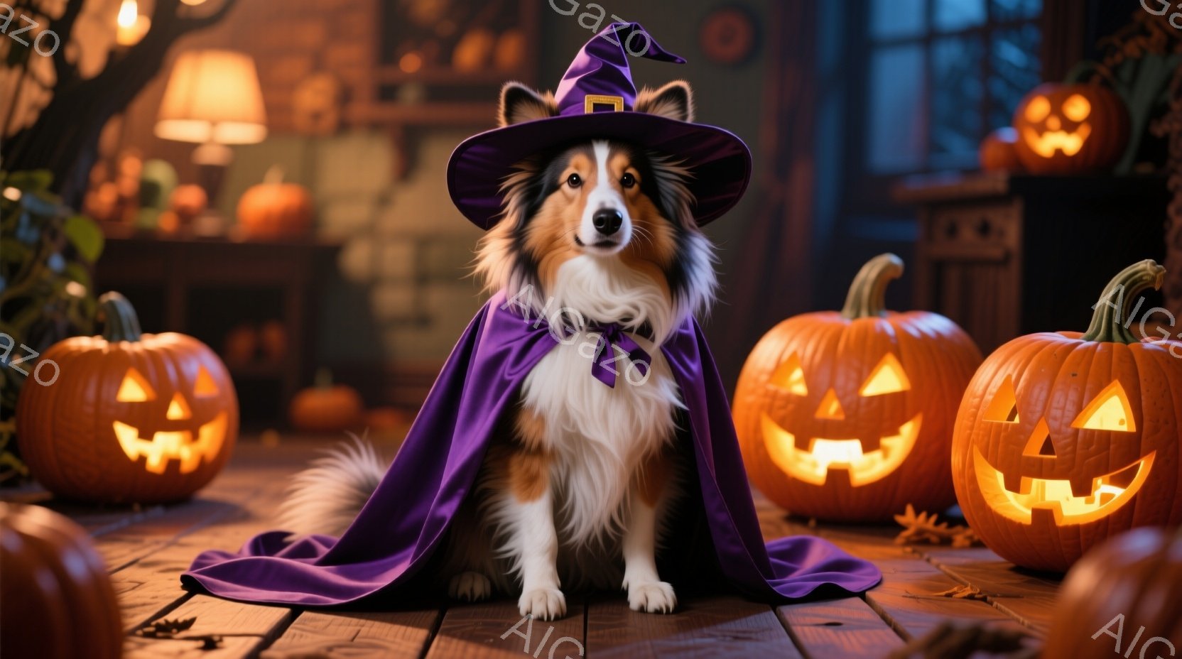 長毛のボーダーコリーが、紫色のマントと魔女帽子を身につけて座っています。背景には、ハロウィンらしいくり抜かれたカボチャがいくつか並び、木製の床に置かれています。全体的にハロウィンの夜の温かく、少し不気 - AI生成フリー素材