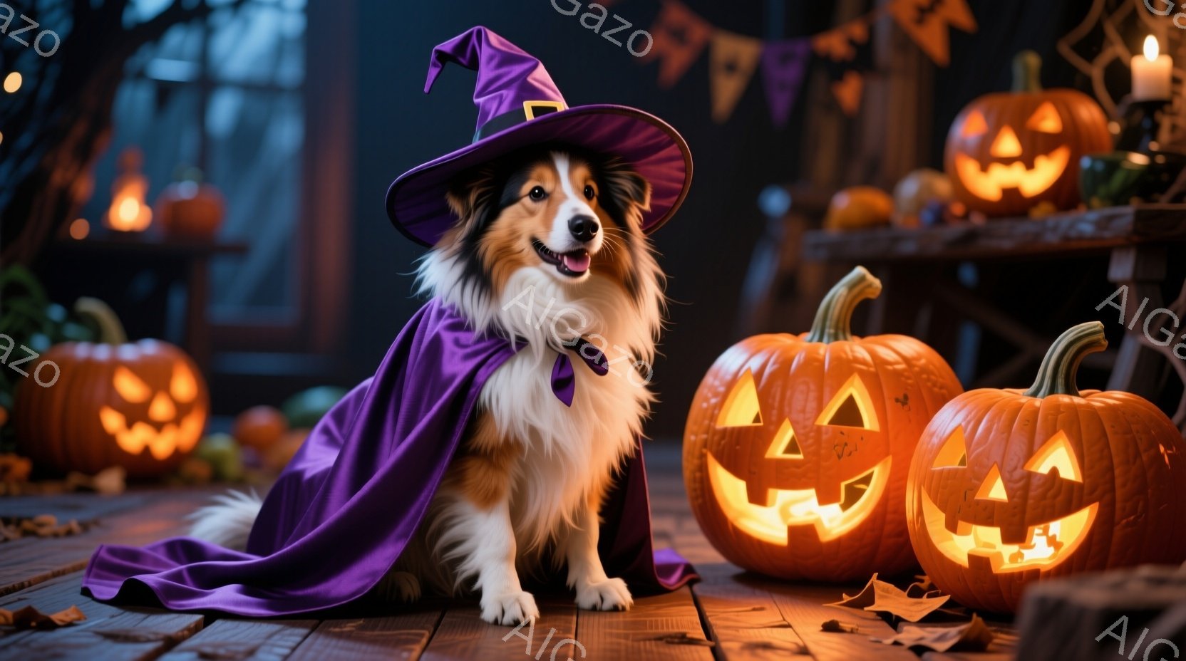 長毛のシェットランドシープドッグが紫色の魔法使いのケープと帽子を身につけて座っています。背景にはハロウィーンのランタンで照らされたいくつかのジャック・オ・ランタンがあり、暖かく、お祝いムードを醸し出しています。木製の床には落ち葉が散らばっており、秋の夜のハロウィーンパーティーの雰囲気を感じさせます。