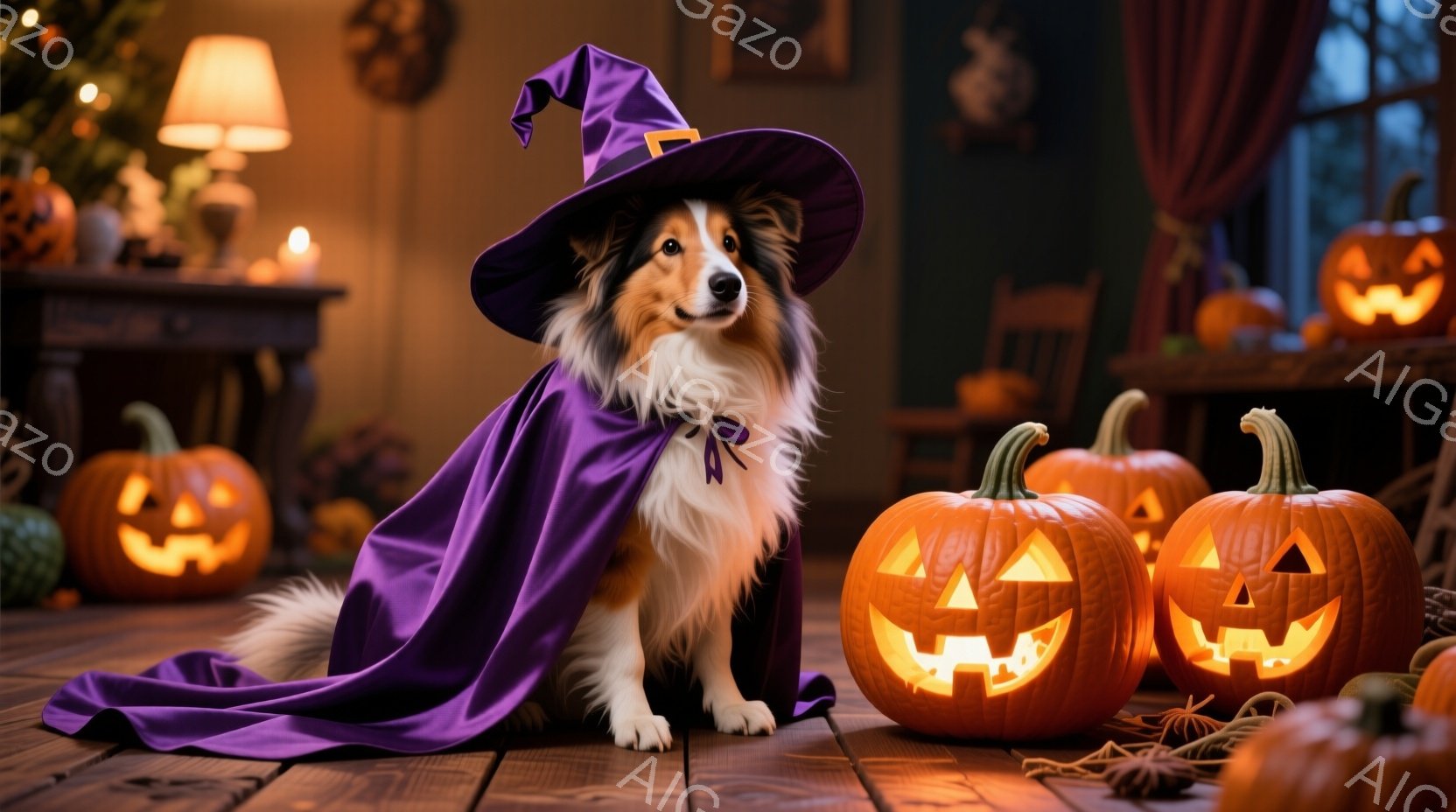 長毛の犬がハロウィーンの魔女の衣装を着て座っています。紫色のマントと先のとがった帽子を身につけ、少し微笑んでいるように見えます。背景には、明るく照らされたジャック・オー・ランタンがいくつかあり、部屋全 - AI生成フリー素材