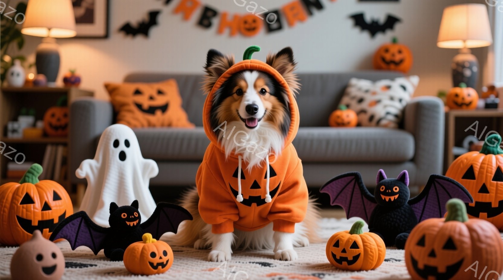 長毛のシェットランドシープドッグが、ハロウィーンのパンプキンをモチーフにしたオレンジ色の衣装を着て座っています。周りには、カボチャ、お化け、コウモリのおもちゃが置かれ、背景にはハロウィーンの装飾が施さ - AI生成フリー素材
