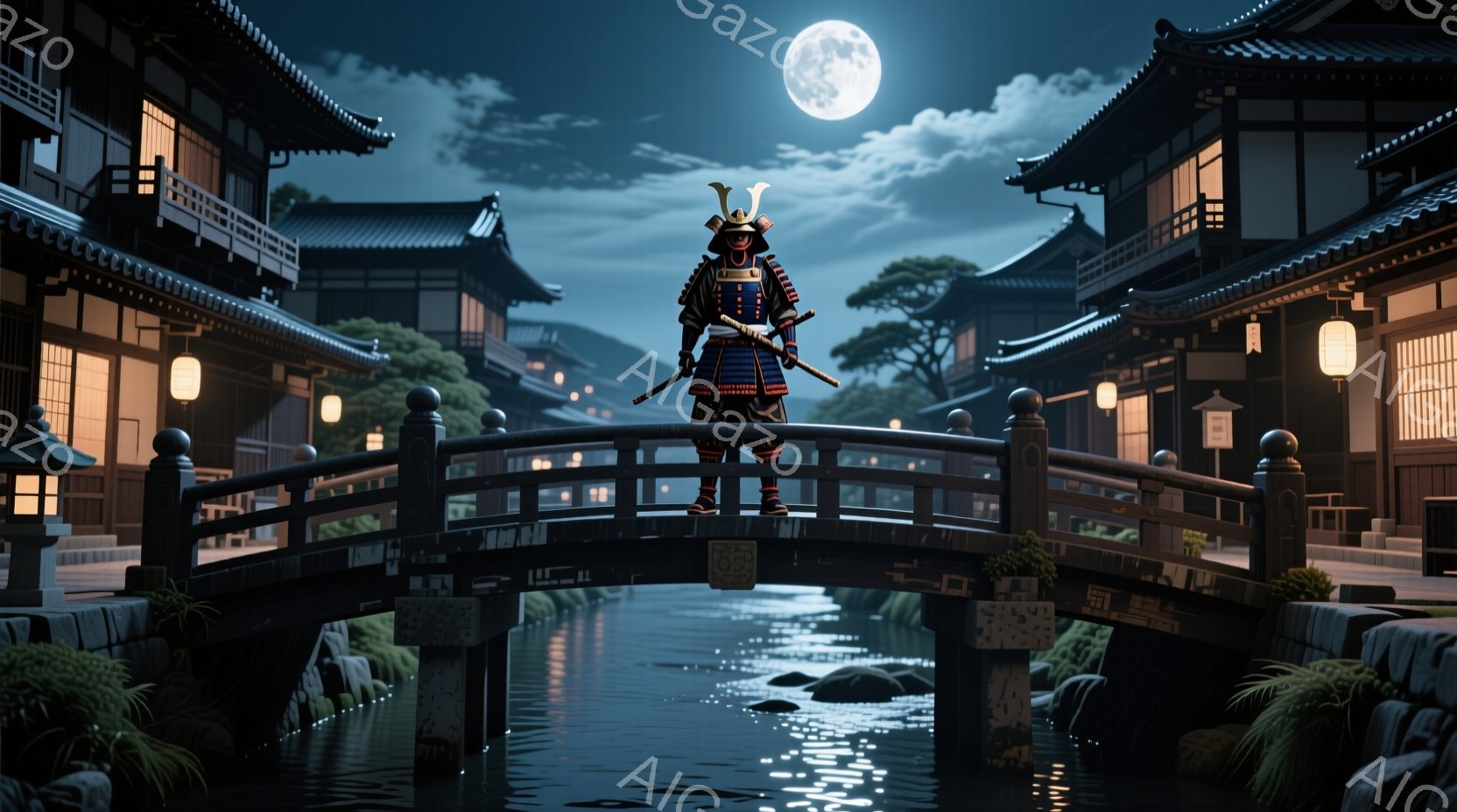 夜空には満月が輝き、古都の川にかかる橋の上に、甲冑を身に着けた武士が立っている。彼は兜を被り、背には刀を携え、威厳のある姿で静かにたたずんでいる。背景には伝統的な日本の建物が並び、水面に映る光が幻想的な雰囲気を醸し出している。