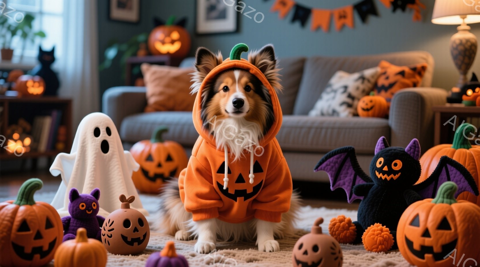 オレンジ色のカボチャの衣装を着た、毛並みの美しいコリー犬が、ハロウィーンの飾り付けでいっぱいの部屋の真ん中に座っています。犬は前足を揃え、リラックスした表情でカメラを見つめており、周囲にはカボチャのぬ - AI生成フリー素材