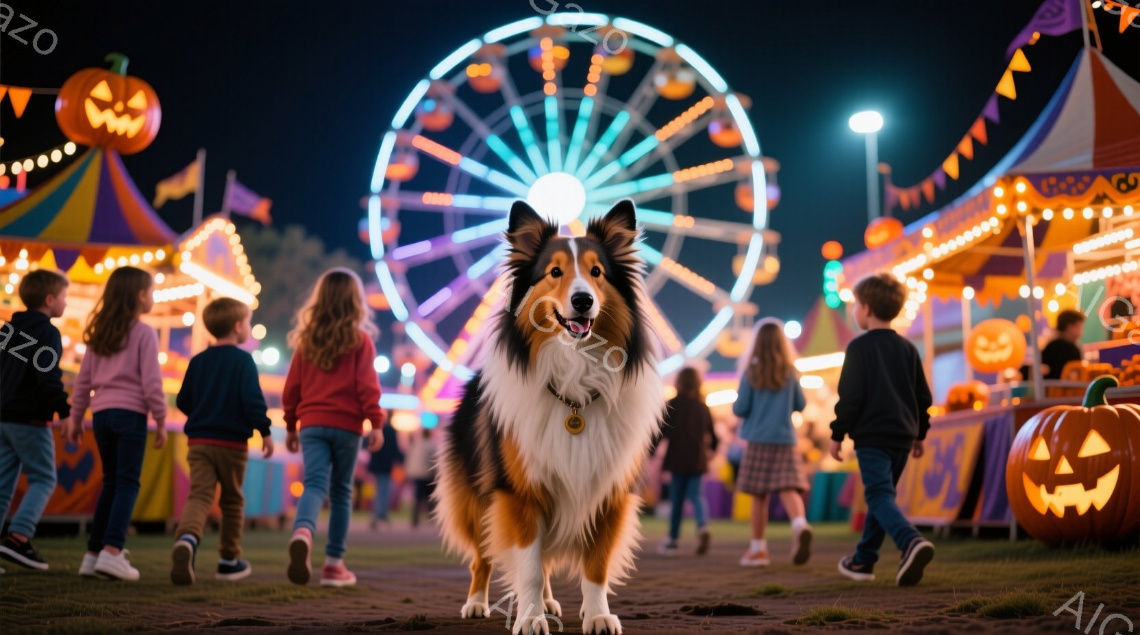夜の遊園地を、美しい毛並みのコリー犬が正面を見据えて歩いている。背景には、光り輝く観覧車やハロウィーンの装飾が施された屋台が並び、多くの人々が楽しんでいる様子が見える。 全体的に、ハロウィーンの夜の賑 - AI生成フリー素材