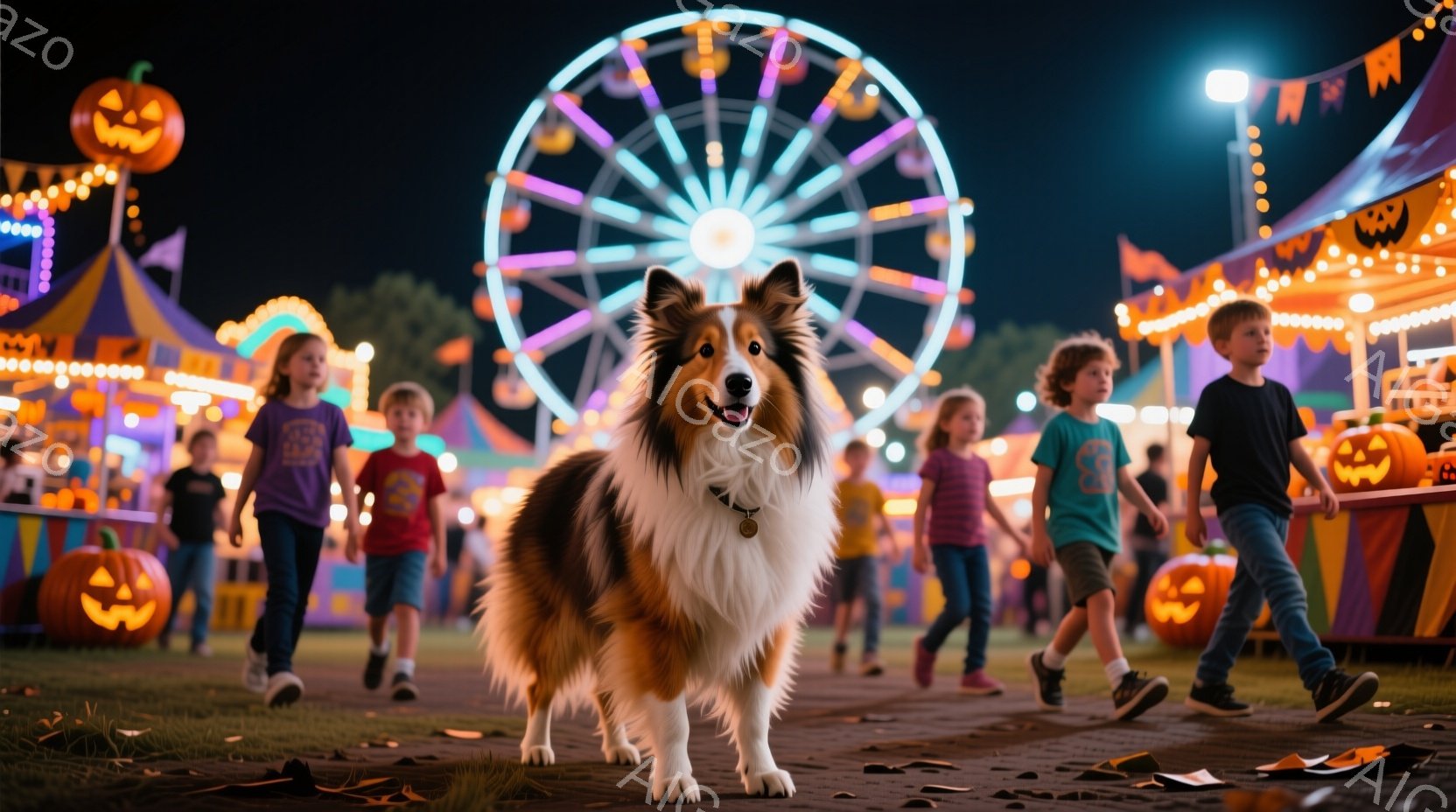 長毛のコリー犬が遊園地の通路の中央でカメラに向かって立っている。背景には、様々な色の光が輝く観覧車や、ハロウィーンの飾り付けがされた屋台が並び、多くの子供たちが歩いている。ハロウィーンの雰囲気で賑やか - AI生成フリー素材