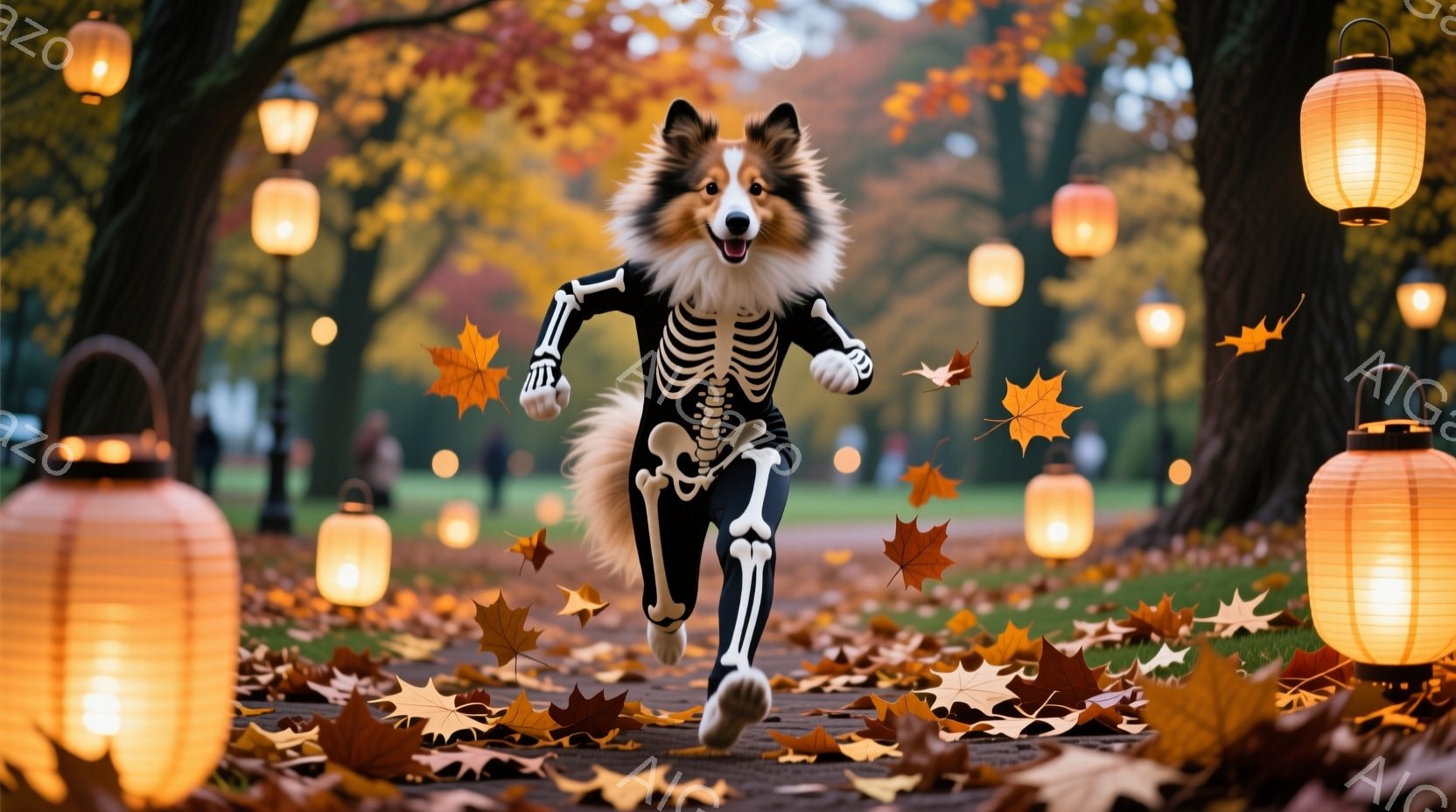 舗装された道路を、コリー犬が翼を付けて駆けている様子が写っている。両脇にはハロウィーンの象徴であるジャック・オー・ランタンが並び、遠くには緑の丘が見え、夕暮れ時の穏やかな雰囲気とハロウィーンの楽しさが - AI生成フリー素材