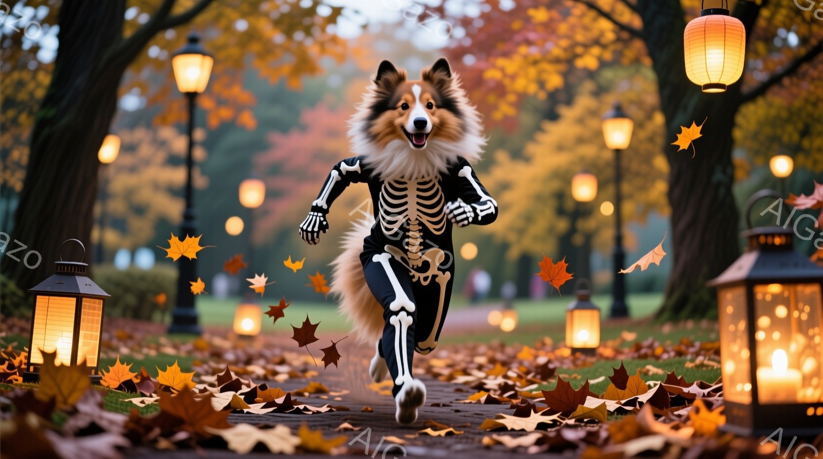 コリー犬が、ハロウィーンの骸骨のコスチュームを着て、落ち葉が舞う公園の道を走っている。背景にはオレンジ色の光を放つ提灯が並び、秋らしい紅葉と夕暮れ時の暖かな雰囲気が漂う。犬は楽しそうに走り、ハロウィー - AI生成フリー素材