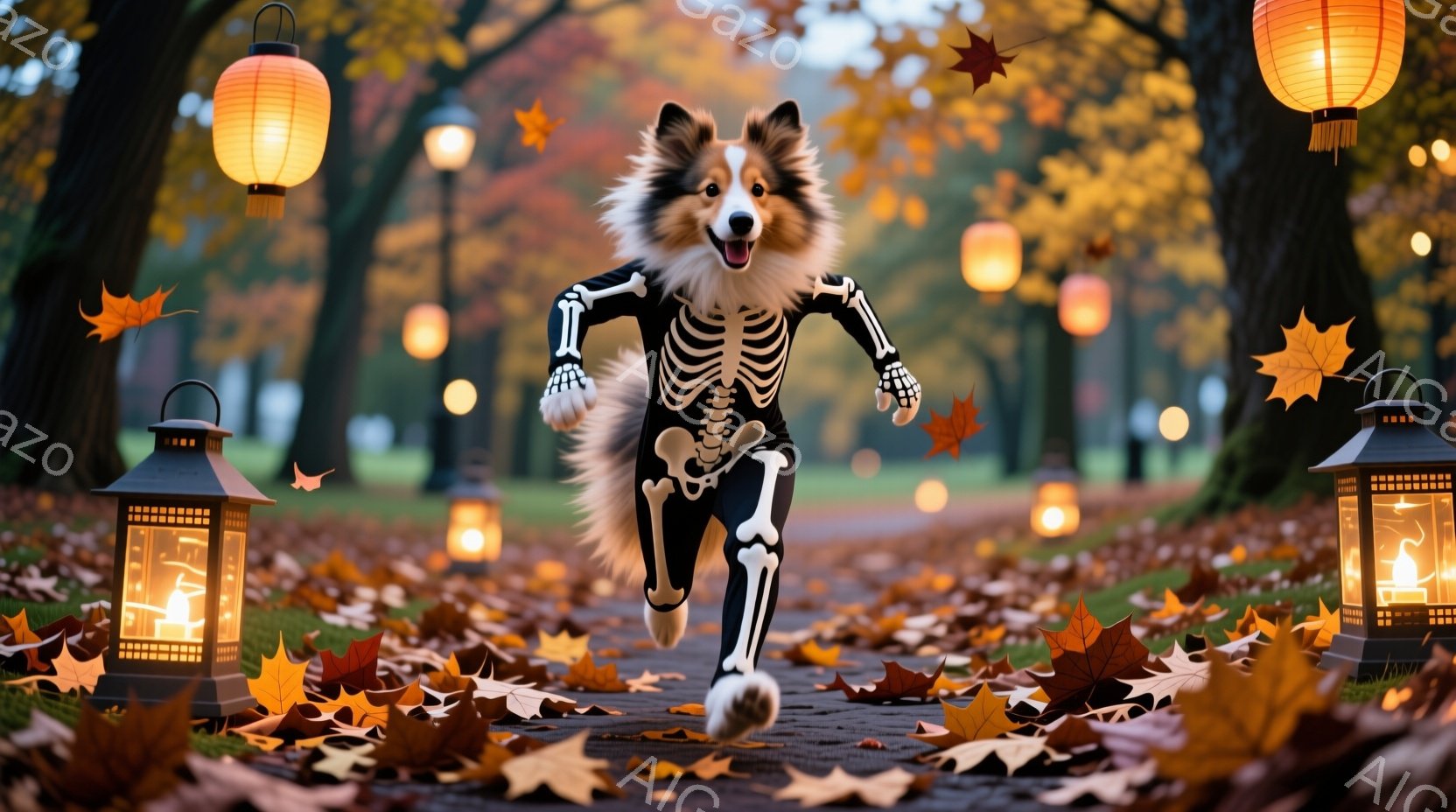 鮮やかなオレンジ色の落ち葉が敷き詰められた遊歩道を、骸骨の衣装を着た犬が駆けている。背景には黄金色の光を放つランタンが並び、秋の夕暮れを思わせる暖かく幻想的な雰囲気を作り出している。犬は楽しそうに前を - AI生成フリー素材