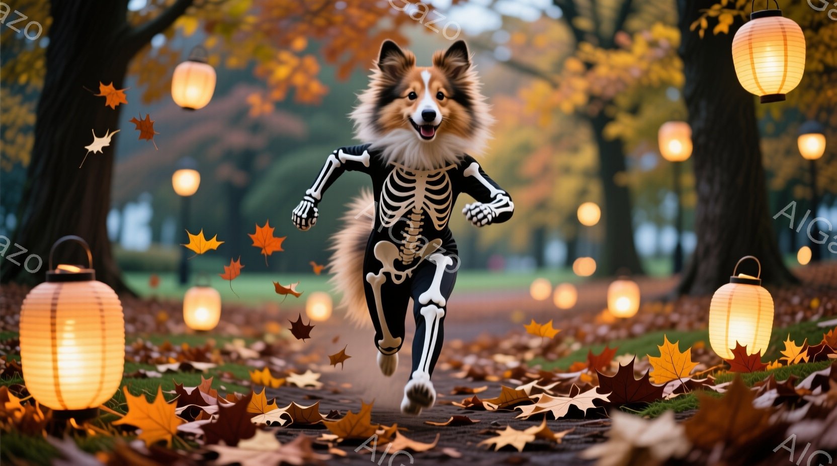 コリー犬がハロウィーンの衣装を着て、落ち葉が舞う道を走っている。犬は骸骨の模様が入った黒い衣装を着ており、楽しそうに前を見ている。背景には、オレンジ色の提灯が並び、秋の紅葉が広がっており、幻想的で明る - AI生成フリー素材