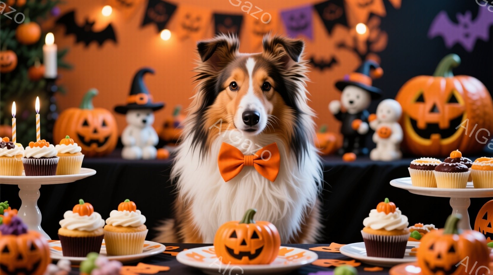 コリー犬がオレンジ色の蝶ネクタイをつけ、ハロウィーンの飾り付けがされたテーブルの前に座っています。テーブルの上には、カボチャの形をしたカップケーキや小さなカボチャの置物、お化けの飾りなどが並べられてい - AI生成フリー素材