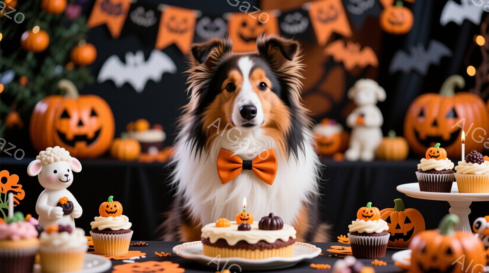 鮮やかなオレンジ色の蝶ネクタイを付けたシェットランドシープドッグが、ハロウィーンの飾り付けられたテーブルの前に座っています。テーブルには、カボチャの形をしたカップケーキやケーキが並び、背景にはカボチャのランタンやコウモリの飾り付けがされています。全体的に、温かくお祝いムードで、ハロウィーンのパーティーを楽しむ愛らしい光景です。
