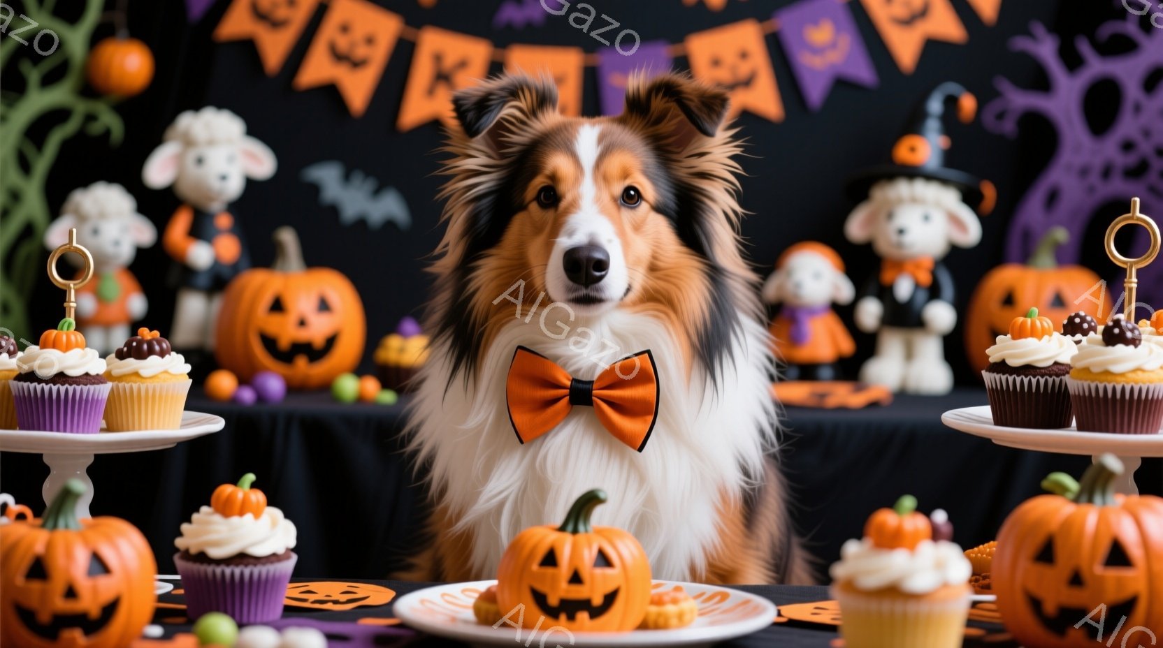コリー犬がオレンジ色の蝶ネクタイをつけ、カメラに向かって正面を向いています。背景には、ハロウィーンの装飾、カボチャの形のケーキ、そして可愛らしいお化けの置物が並び、お祝いの雰囲気を醸し出しています。全 - AI生成フリー素材