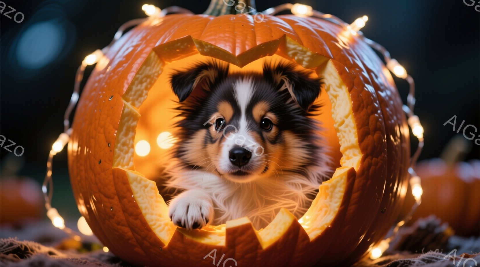 小さな子犬がくり抜かれたカボチャの中に座っており、前足を前に出しています。カボチャはオレンジ色に輝き、背景にはぼやけたオレンジ色の光が点在し、ハロウィーンの雰囲気を醸し出しています。子犬は少し驚いたよ - AI生成フリー素材