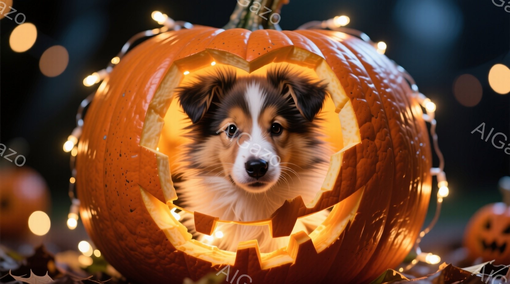 オレンジ色のくり抜かれたカボチャの中に、ふわふわの毛並みを持つ子犬が顔を出しています。子犬は少し不安そうに見つめ、愛らしい表情をしています。背景にはぼやけたカボチャと、温かい光を放つ電飾があり、ハロウ - AI生成フリー素材