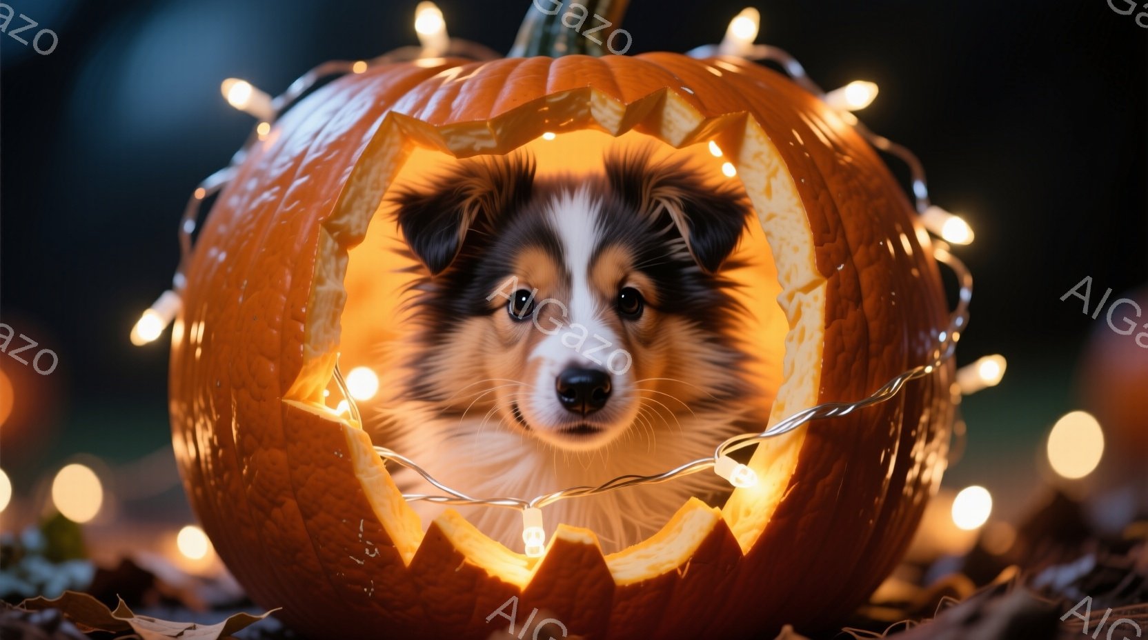 鮮やかなオレンジ色のくり抜きハロウィンのカボチャの中に、毛並みの美しい子犬が顔を覗かせています。子犬は茶色と白の毛並みで、大きな瞳がカメラを見つめ、好奇心と少しの戸惑いの表情を浮かべています。カボチャ - AI生成フリー素材