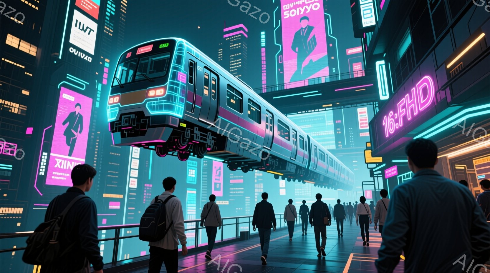 未来都市のプラットフォームを人々が歩いている様子が描かれている。人々はビジネススーツやカジュアルな服装で、後ろ姿のみが見えるため表情は不明だが、歩調は落ち着いている。背景には高層ビル群が立ち並び、ネオ - AI生成フリー素材