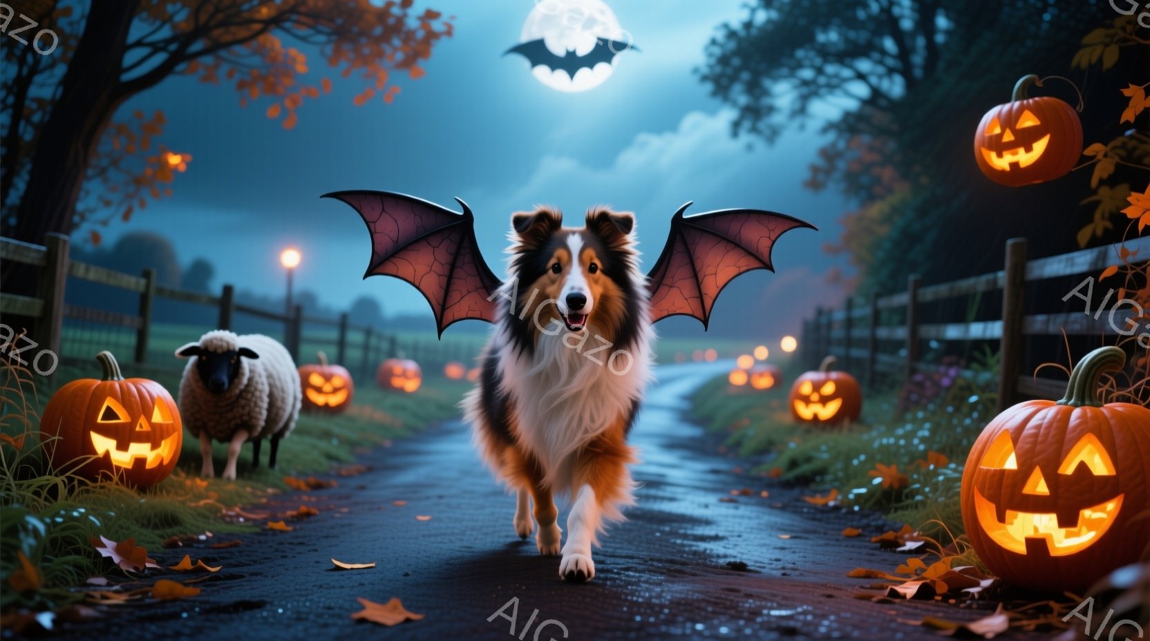 舗装された道に、翼をつけたコリー犬がまっすぐこちらに向かって歩いてくる。道沿いには、不気味な笑顔を浮かべたジャック・オー・ランタンと、それを見つめる羊が並び、背景には木々とぼんやりとした月が浮かぶ夜空が広がっている。ハロウィンの雰囲気を感じさせる、少し幻想的でユーモラスな光景だ。