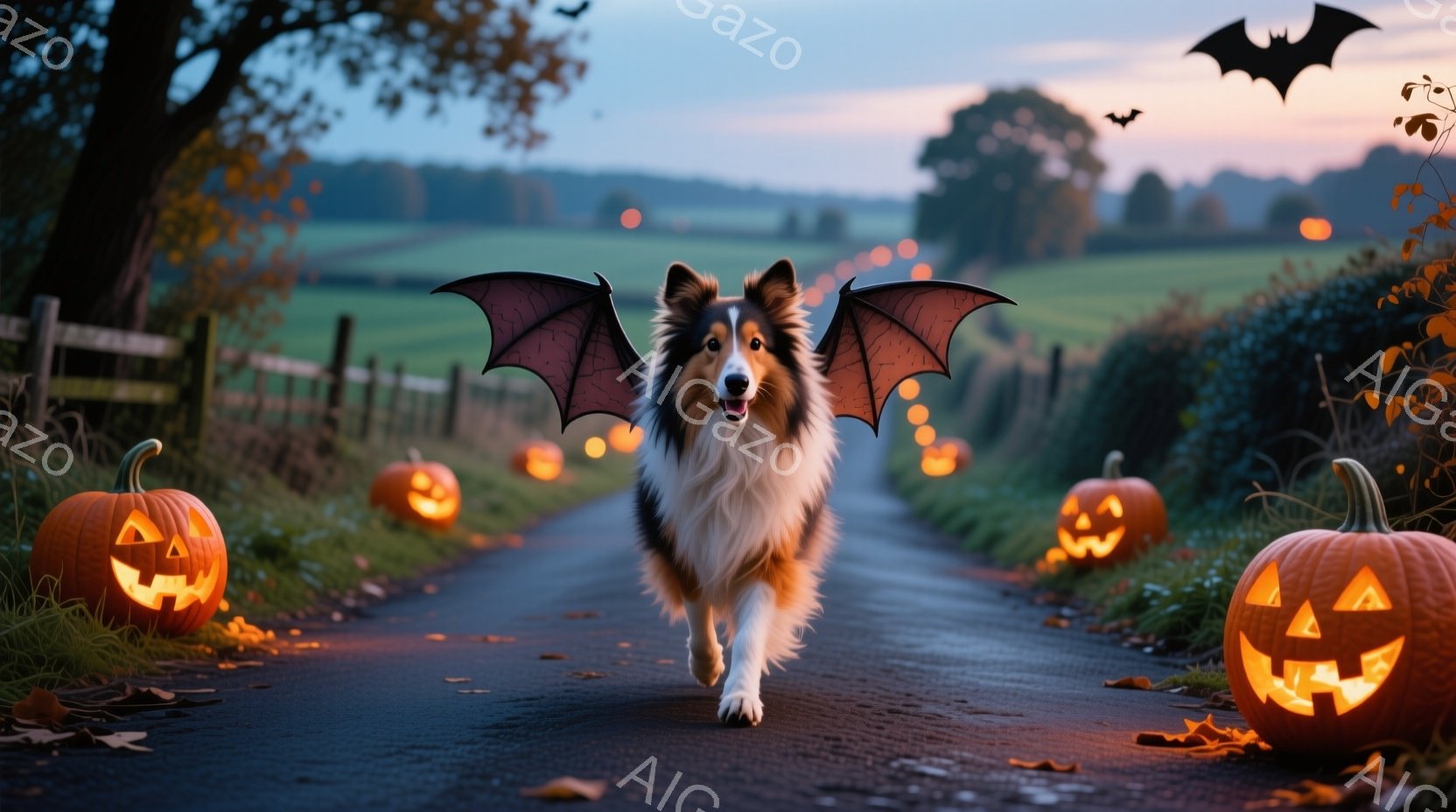 長毛のボーダーコリーが、ハロウィーンの飾り付けがされた道の中央を走っています。コウモリの羽を付けており、両脇にはジャック・オ・ランタンが並び、背後には緑豊かな丘と木々が広がっています。夕暮れ時の空と、道に散らばる落ち葉が、ハロウィーンの趣のある雰囲気を醸し出しています。